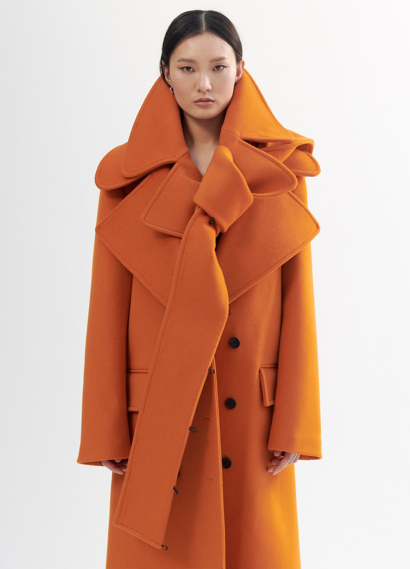 MONSE Double Collar Coat in Orange on Model Front Detail View