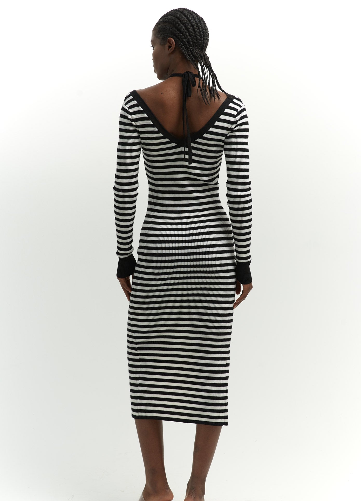 MONSE Double Layered Striped Dress in Black and Ivory on Model Back View