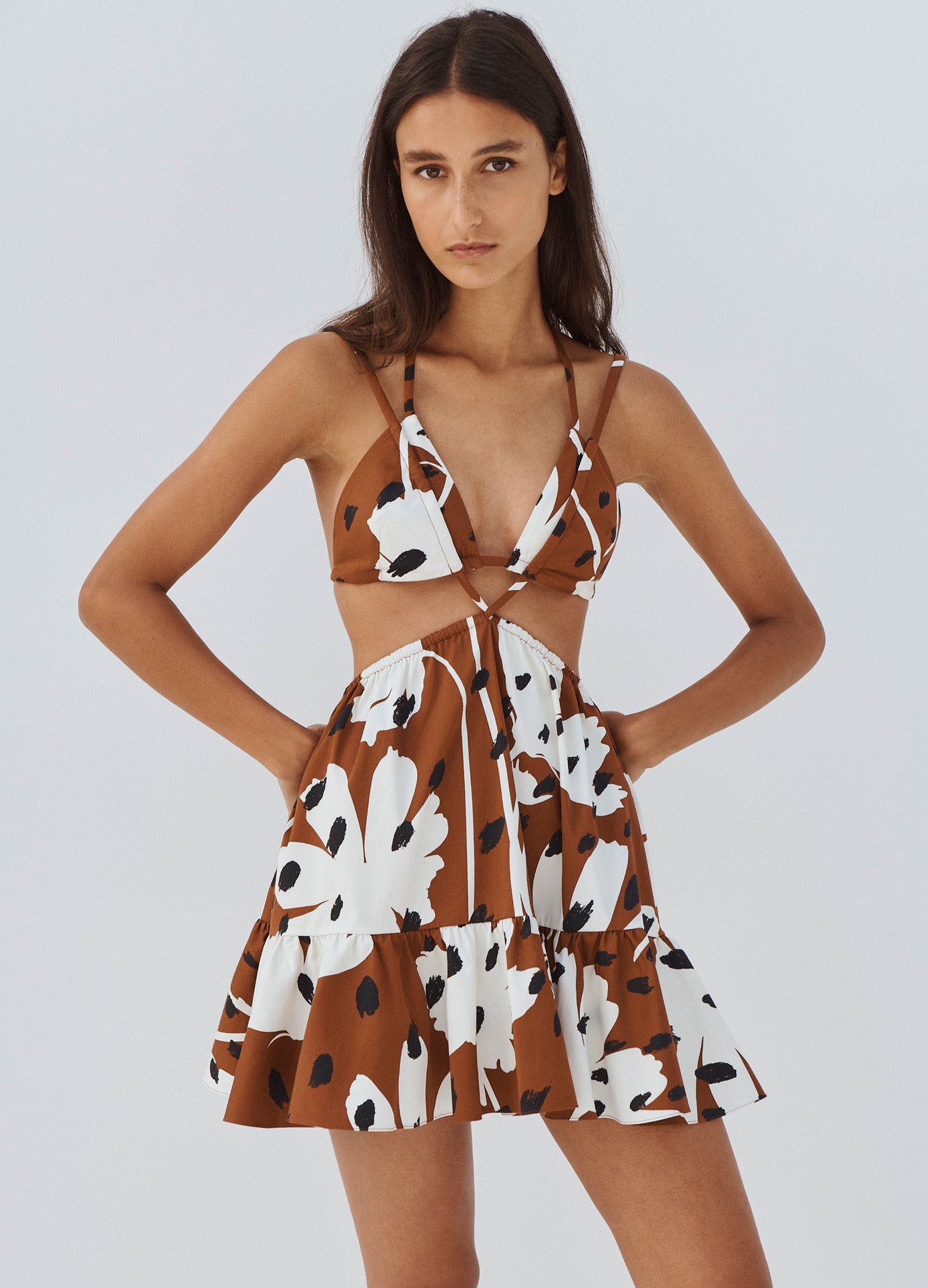 MONSE Floral Print Bra Detail Dress in Brown Multi on Model Front View