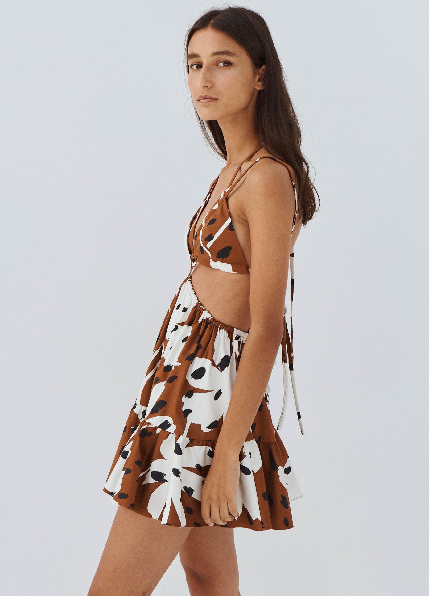 MONSE Floral Print Bra Detail Dress in Brown Multi on Model Side View