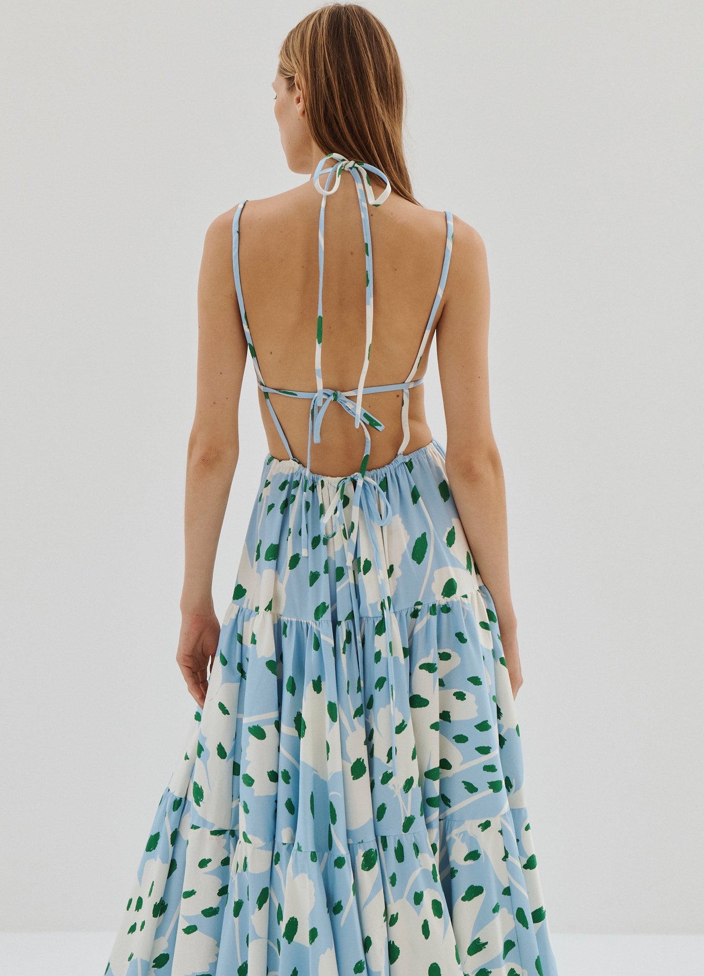 MONSE Floral Print Bra Detail Maxi Dress in Light Blue Multi on Model Back View