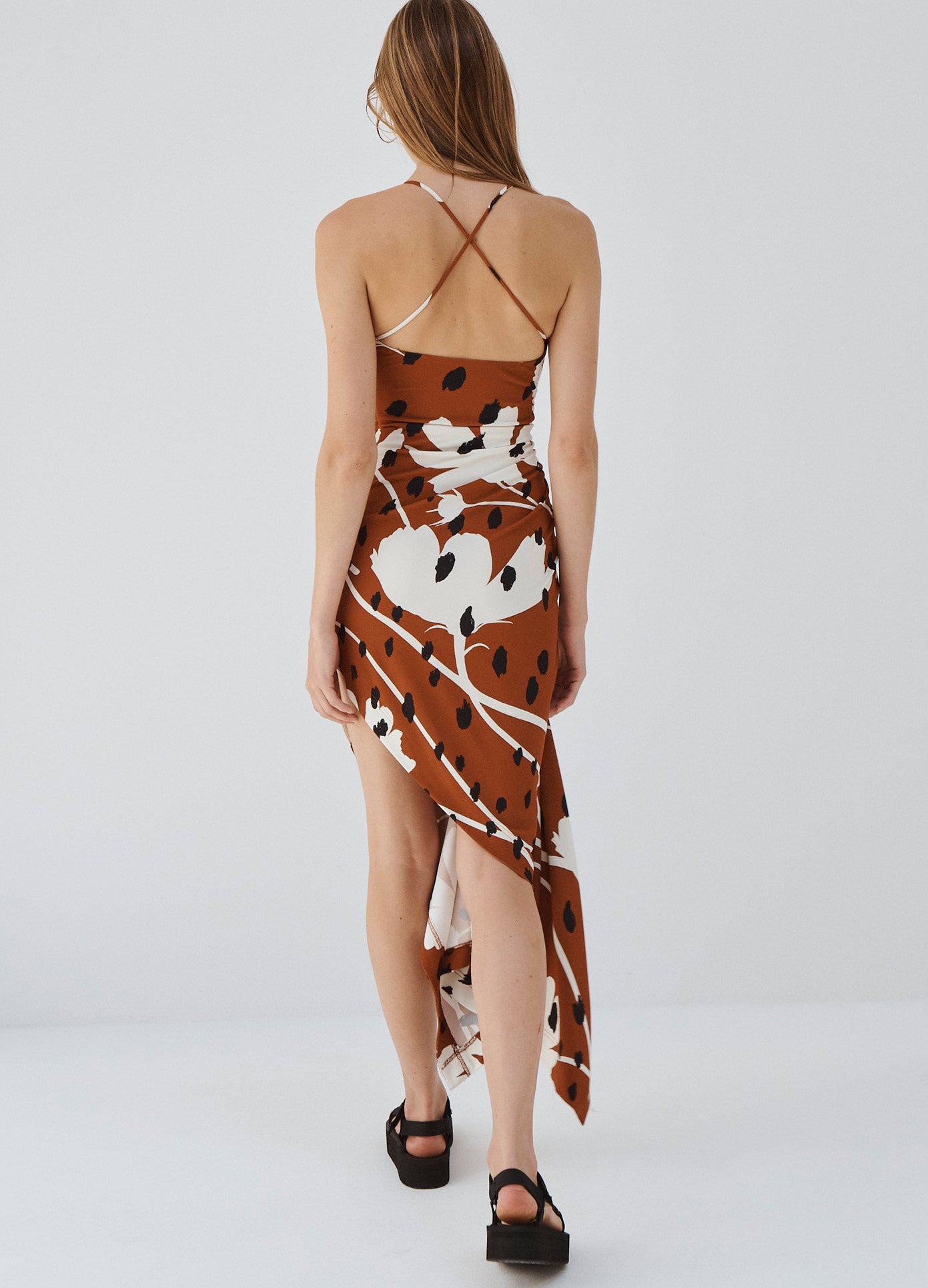 MONSE Floral Print Draped Slip Dress in Brown Multi on Model Walking Away Back View