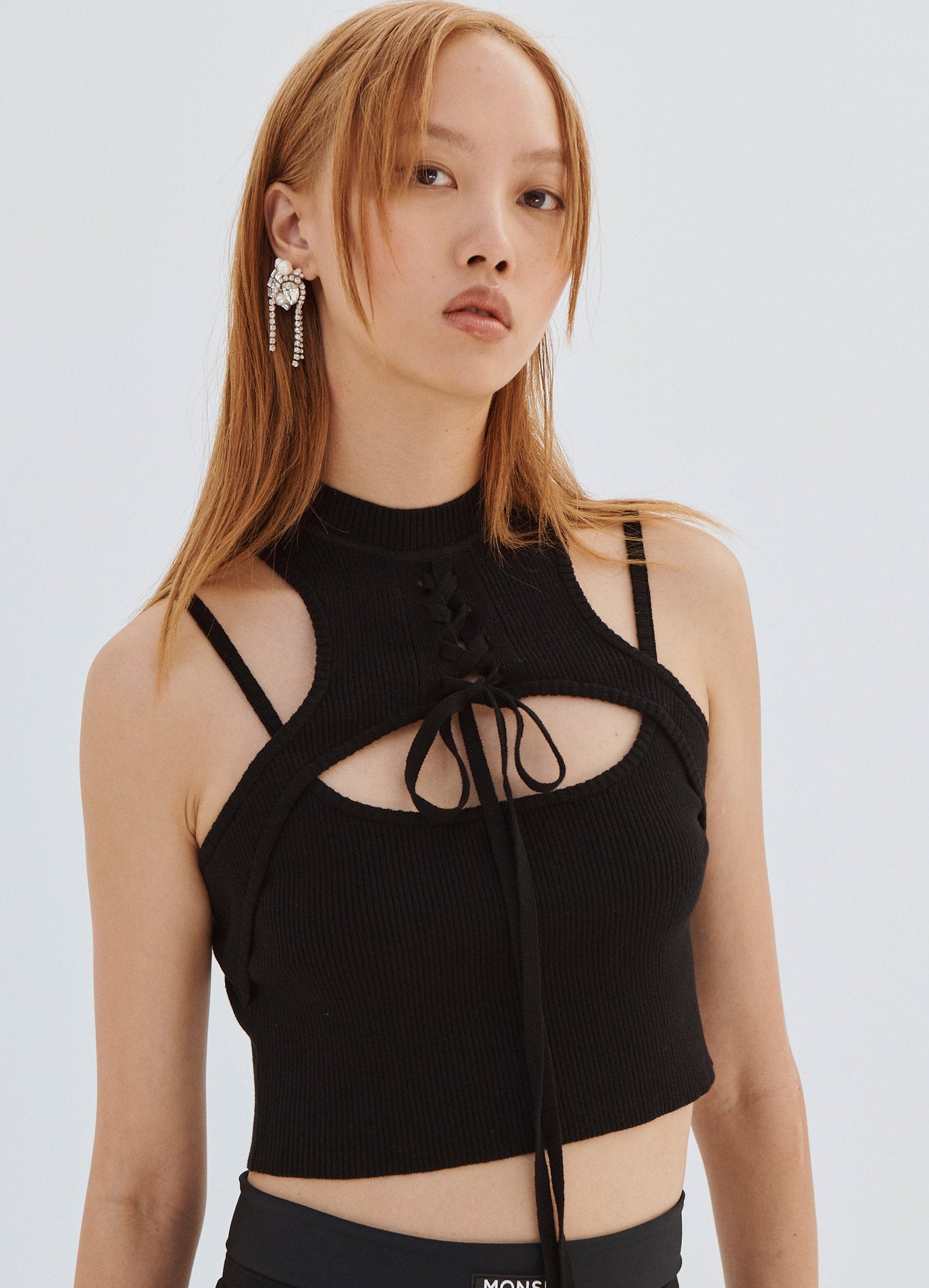 MONSE Halter Neck Knit Top in Black on Model Front View