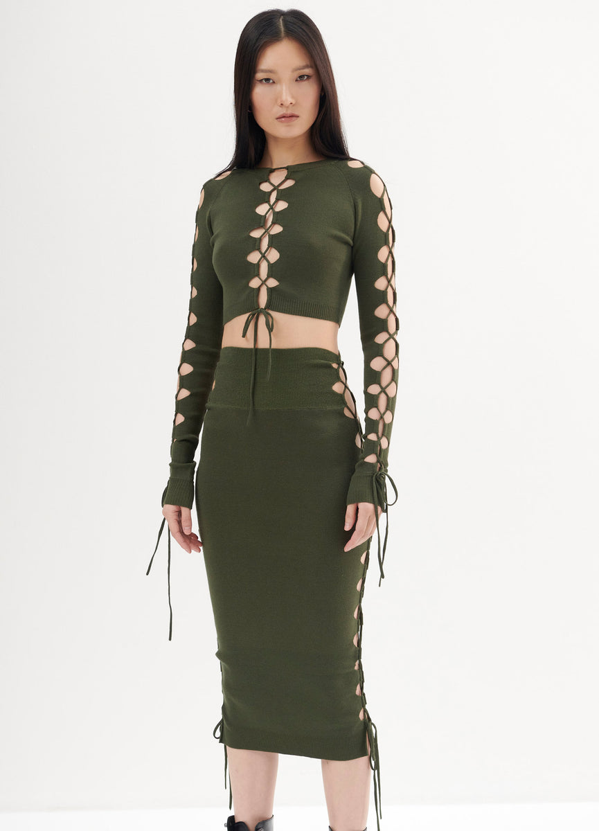 ★2025SS新作★GROVE★REMY KNIT SKIRT Lacing Knitted Skirt in Olive Viscose and Polyester