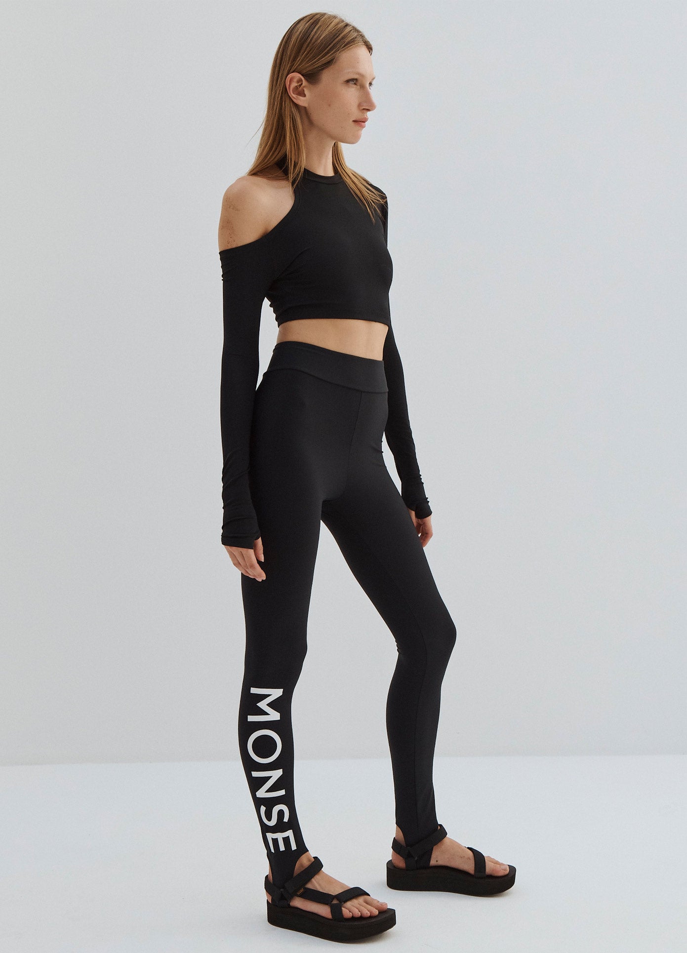 MONSE Long Sleeve Cut Out Crop Top in Black on Model Full Front Side View