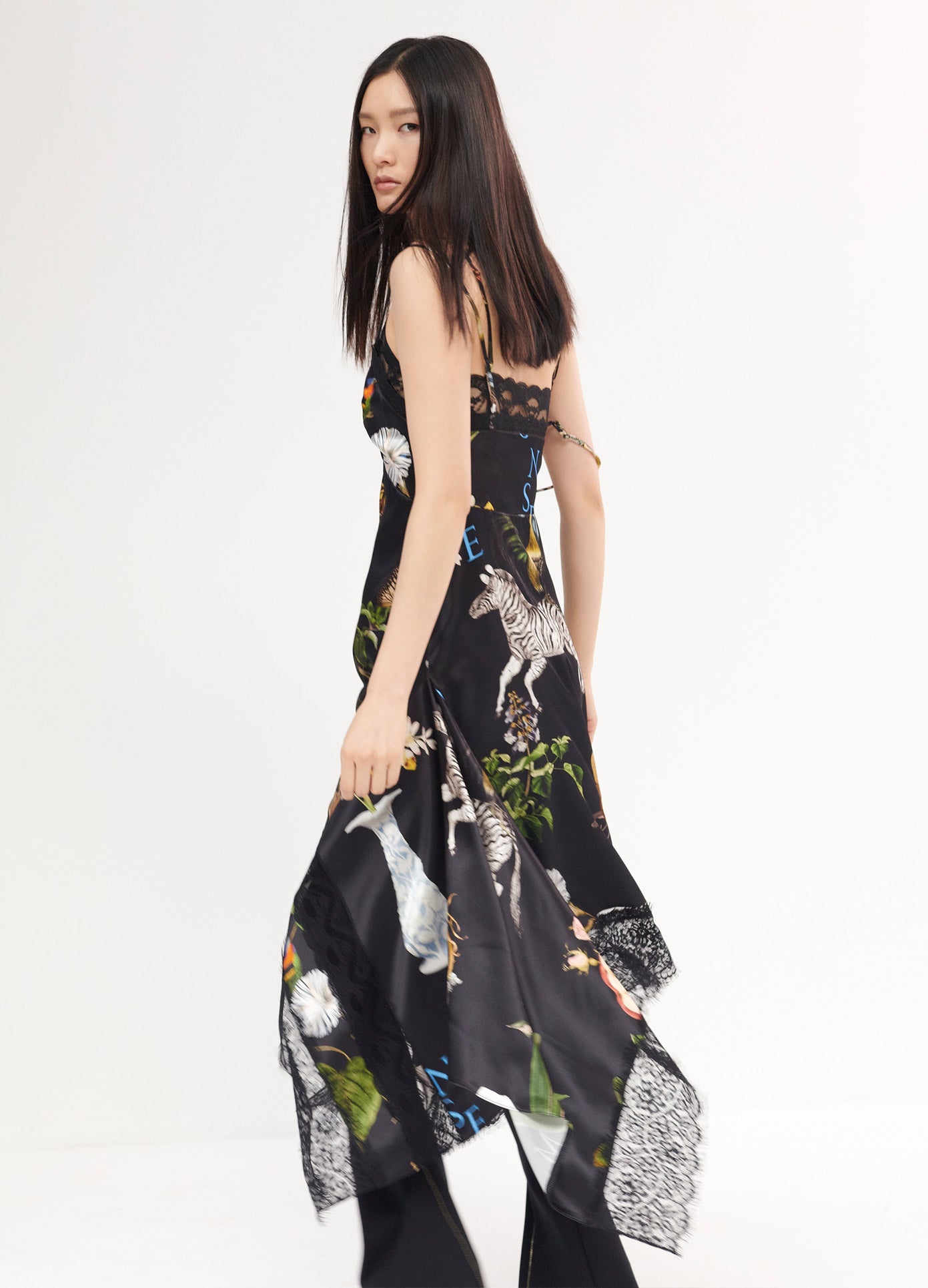 MONSE Print Lace Slip Dress in Black Multi on Model Looking Back Side View