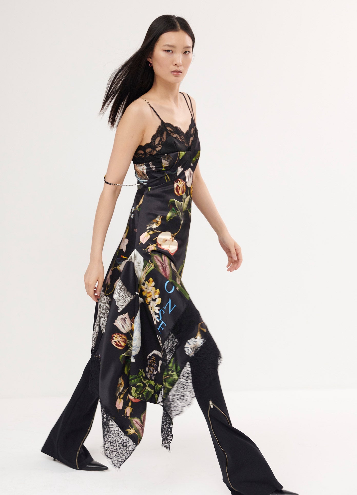 MONSE Print Lace Slip Dress in Black Multi on Model Walking Front View