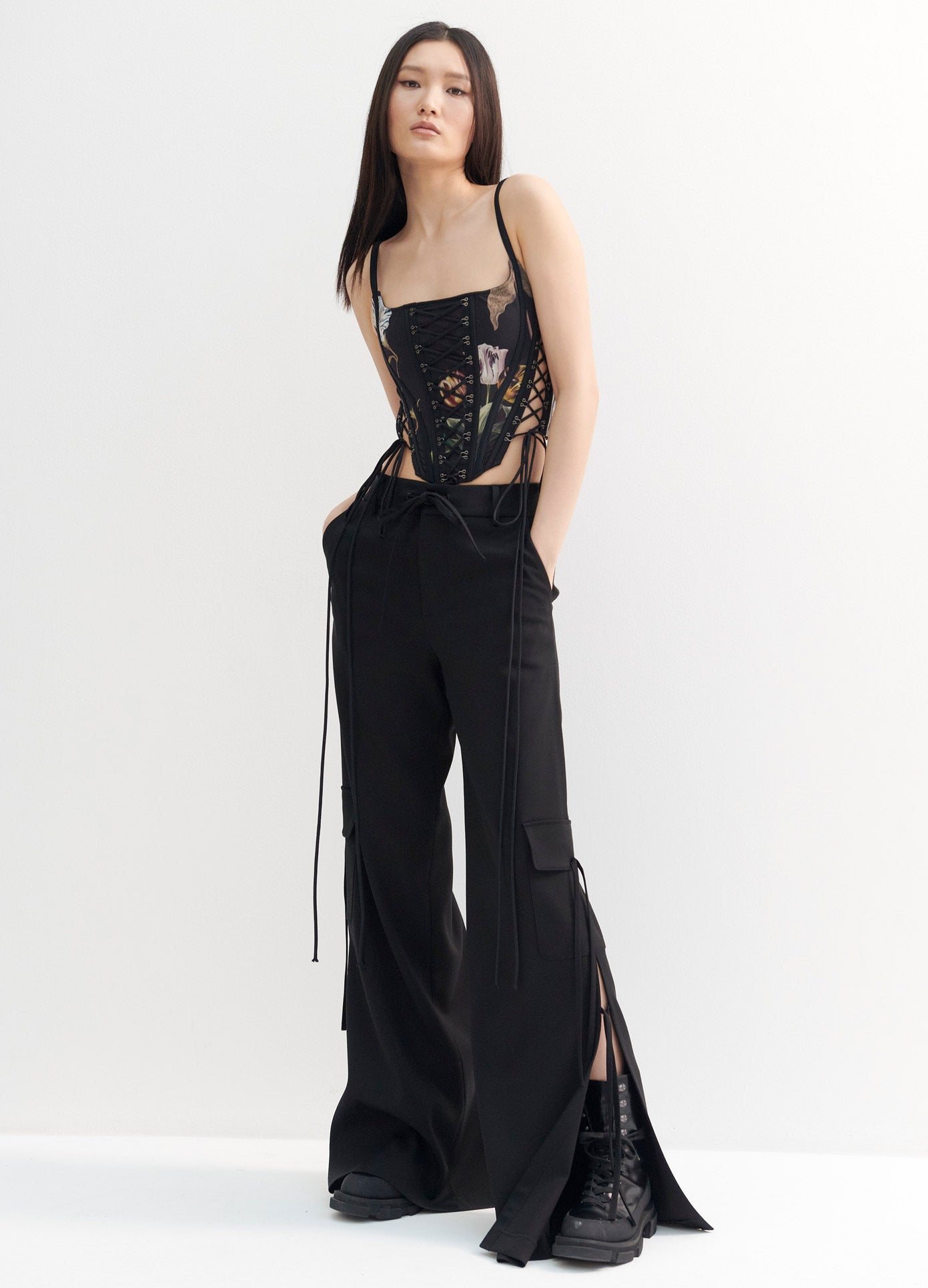 MONSE Print Laced Bustier in Black Print on Model Full Front View