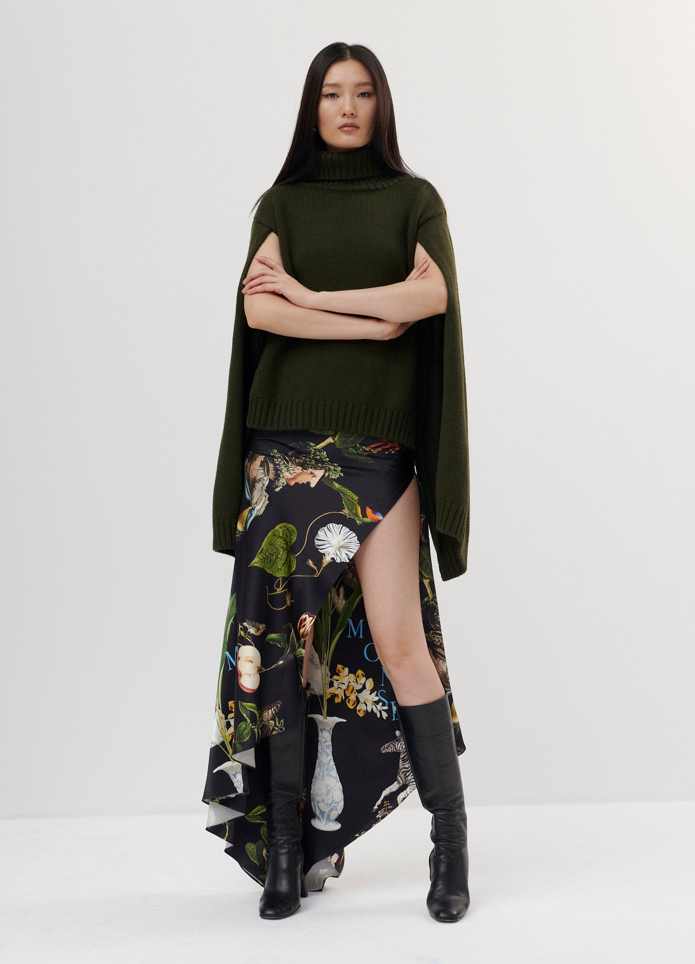 MONSE Print Satin Long Draped Skirt in Black Print on Model Full Front View