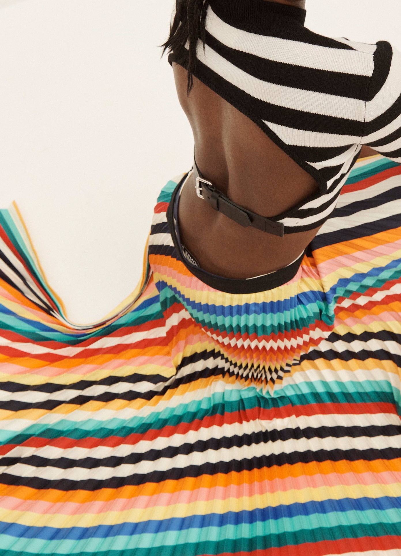 MONSE Rainbow Pleated Shorts in Rainbow on Model Aerial View