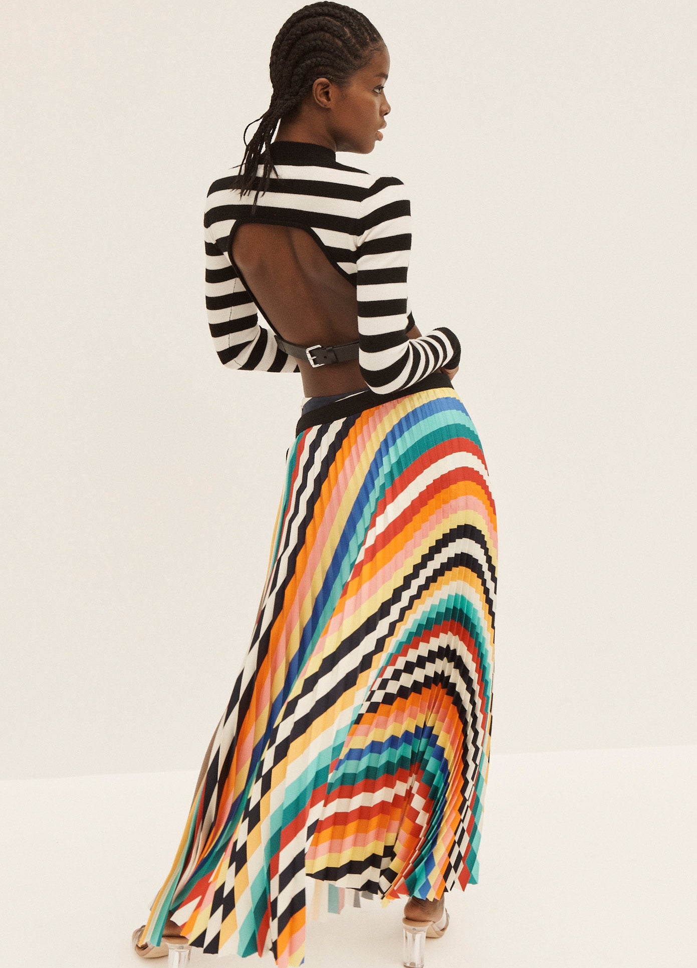 MONSE Rainbow Pleated Shorts in Rainbow on Model Full Back View