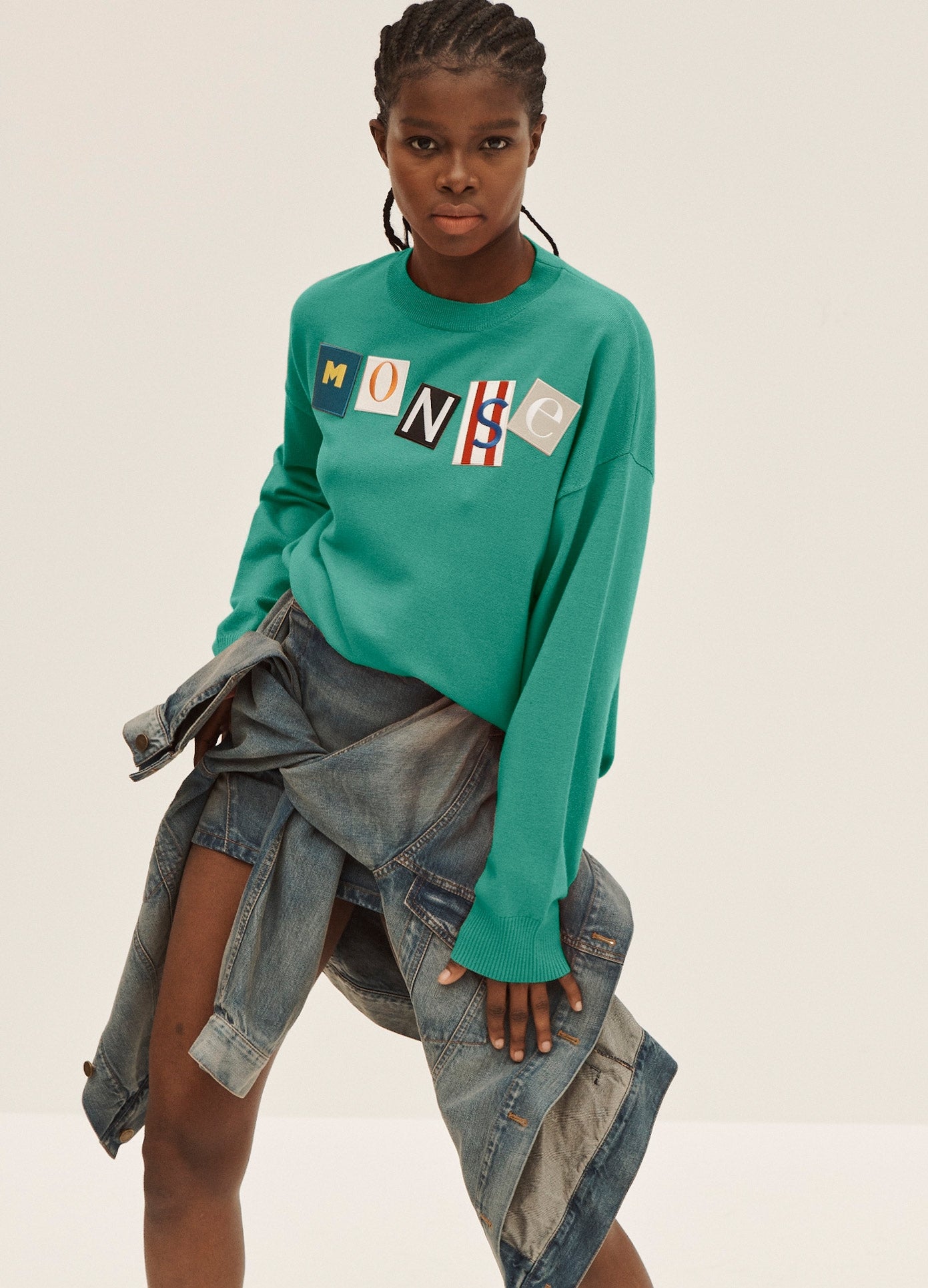 MONSE Ransom Letters Pullover Sweater in Turquoise on Model Front View