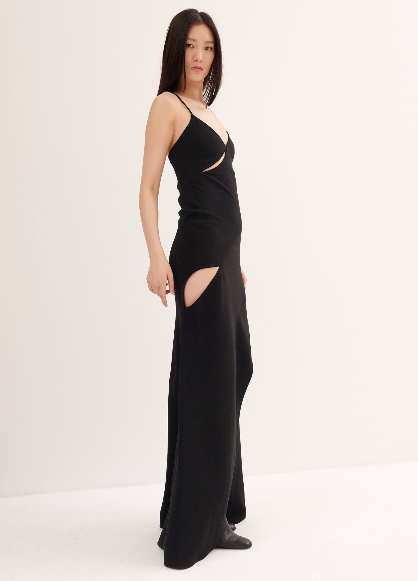 MONSE Slip Dress in Black on Model Full Side View