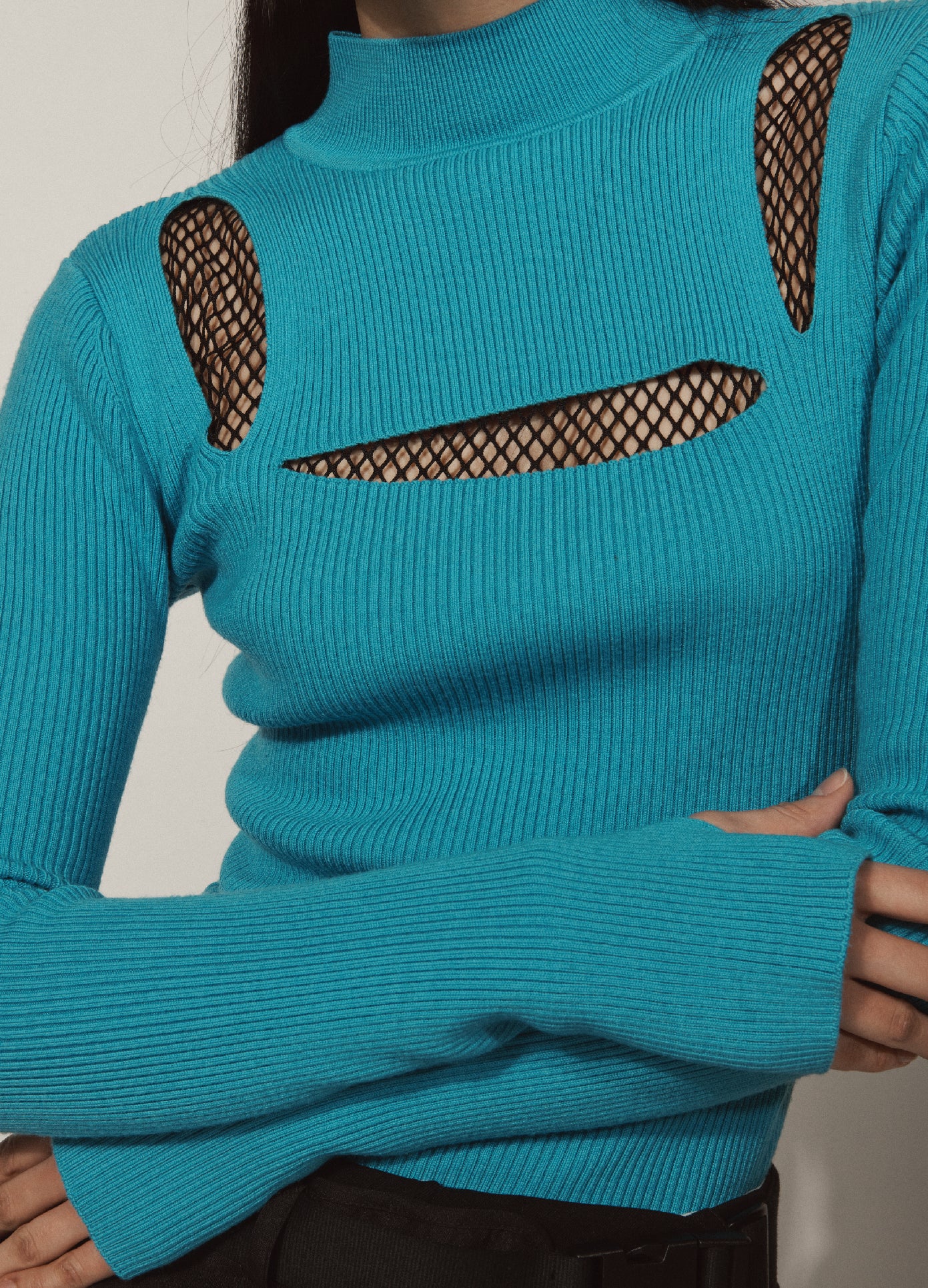 MONSE Slit Knit Top in Ultramarine on Model Lookbook Front Detail View