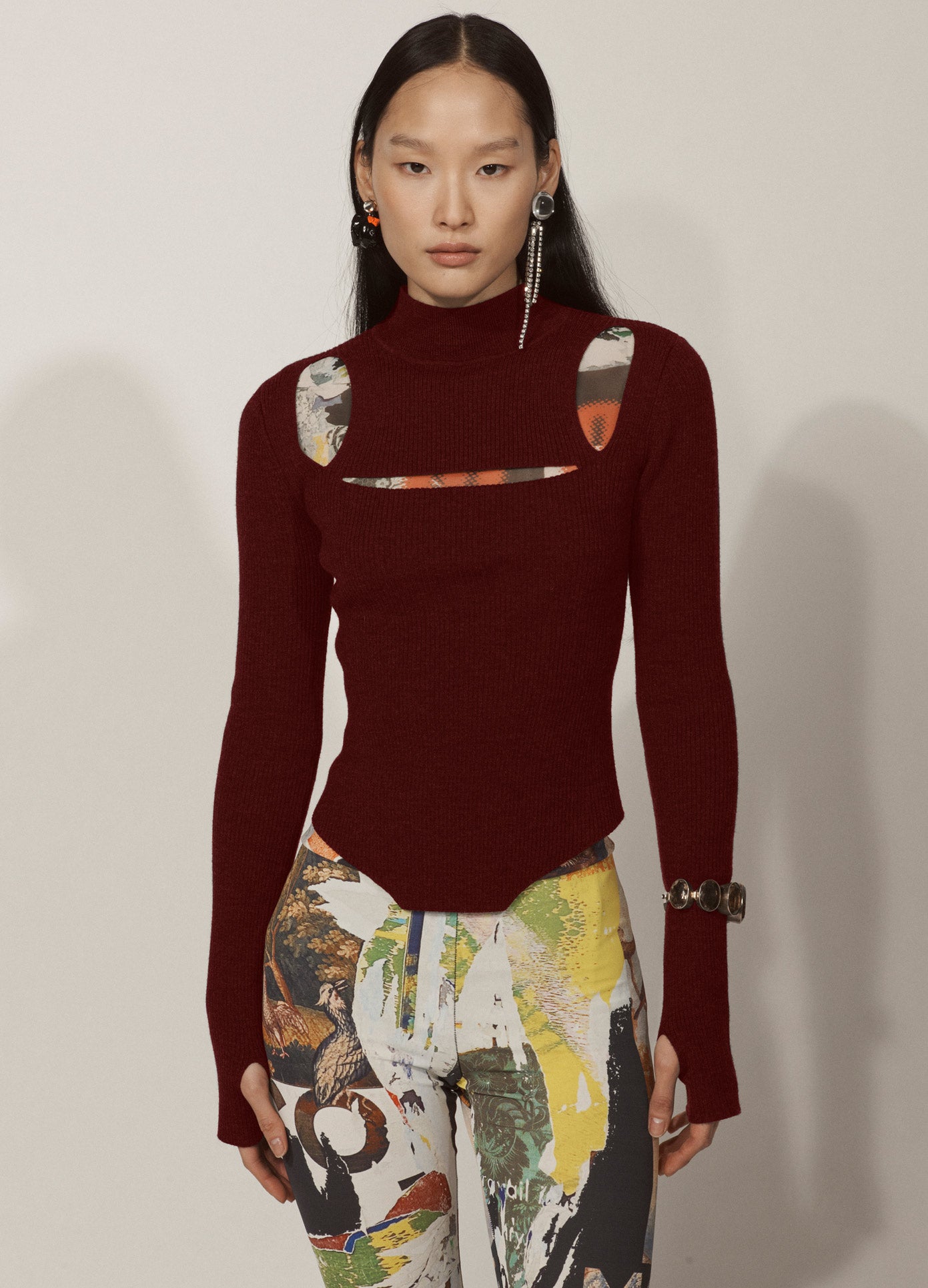 MONSE Slit Knit Top in Merlot on Asian Model Lookbook Front View