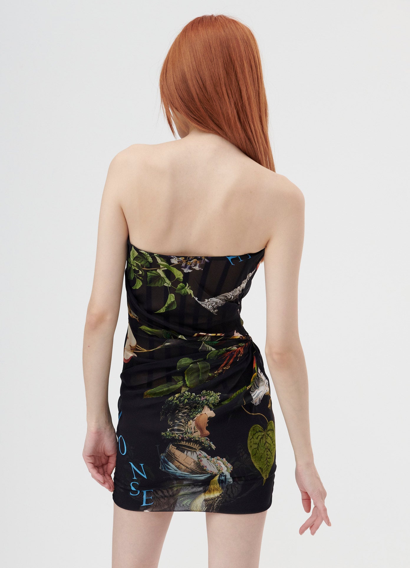 MONSE Strapless Print Draped Cocktail Dress in Black Print on Model Back View
