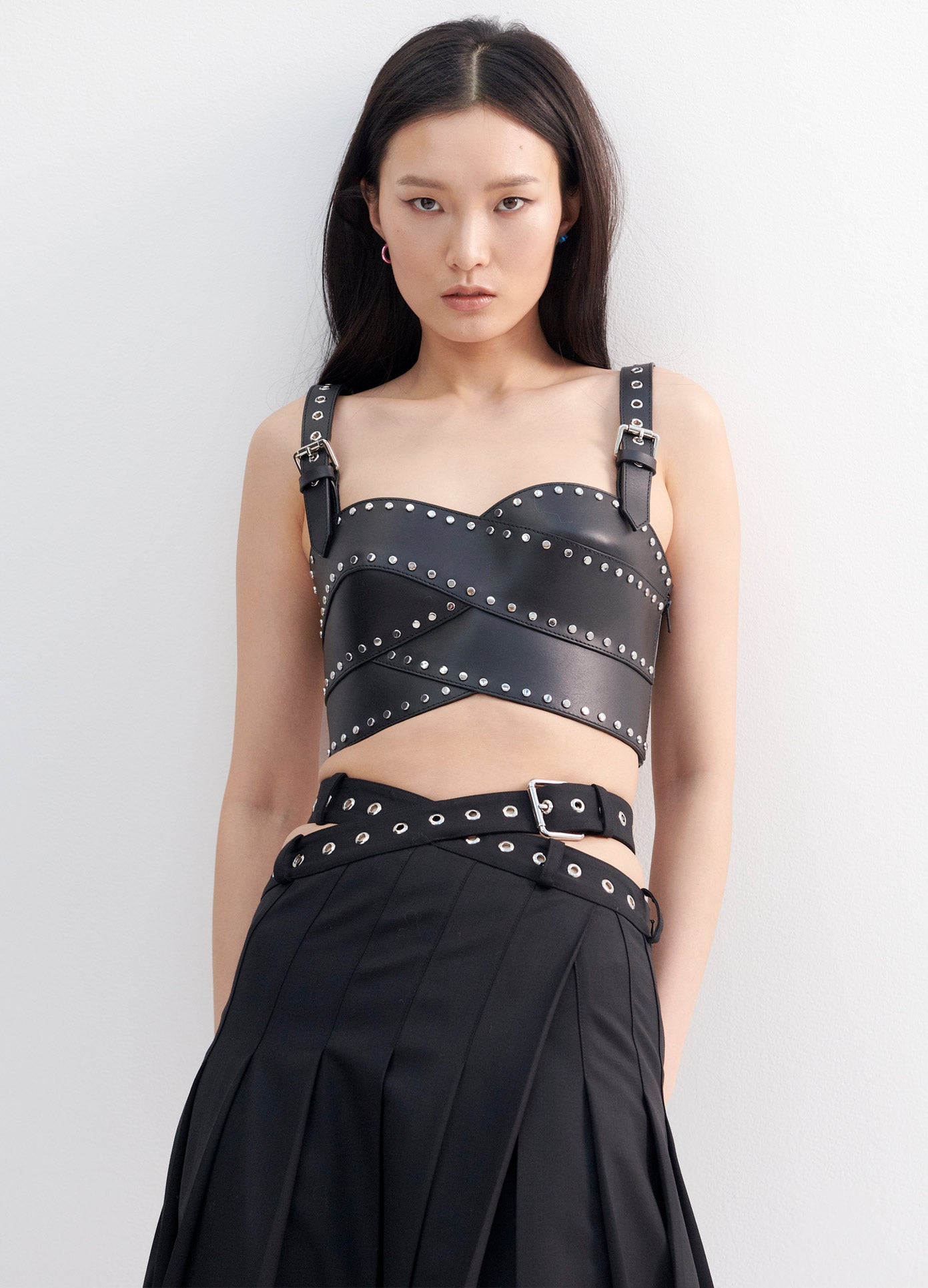 MONSE Studded Bustier in Black on Model Front Detail View