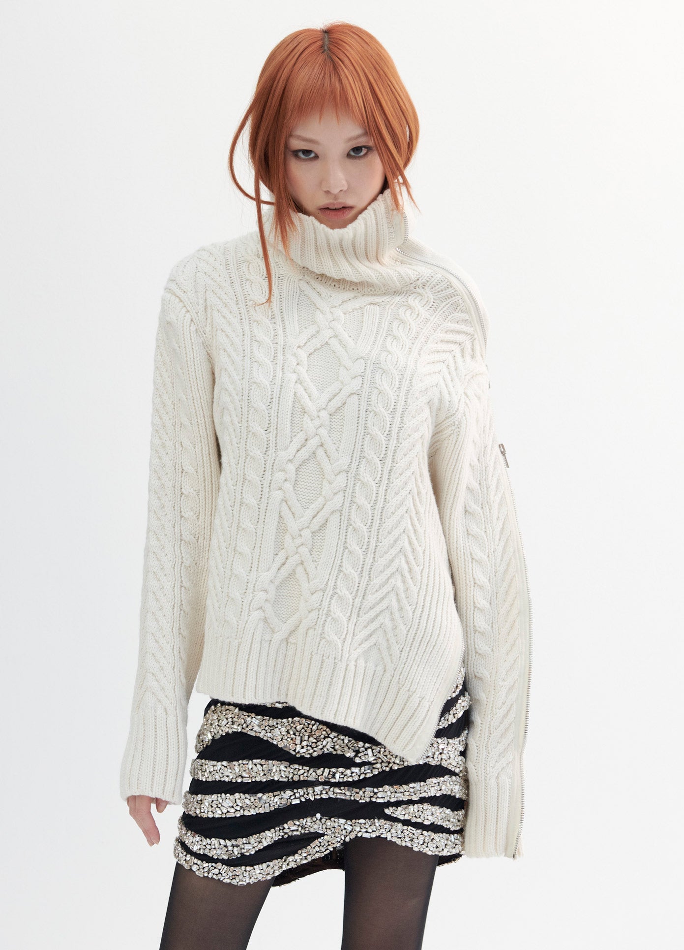 MONSE Turtleneck Zipper Detail Cable Sweater in Ivory on Model Front View