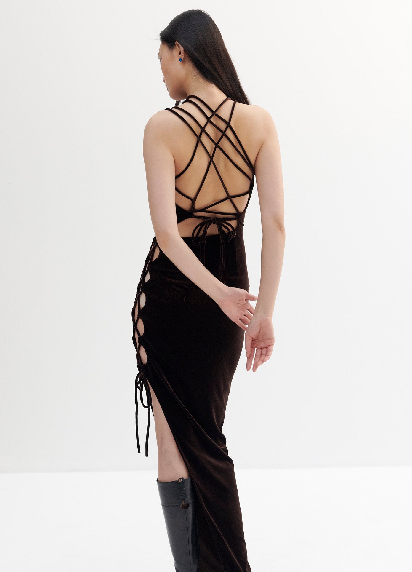 MONSE Velvet Lace Up Dress in Brown on Model Back View
