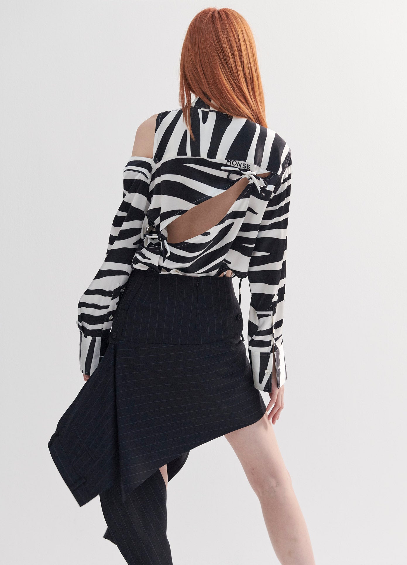 MONSE Zebra Slashed Blouse in Black and White Print on Model Back View
