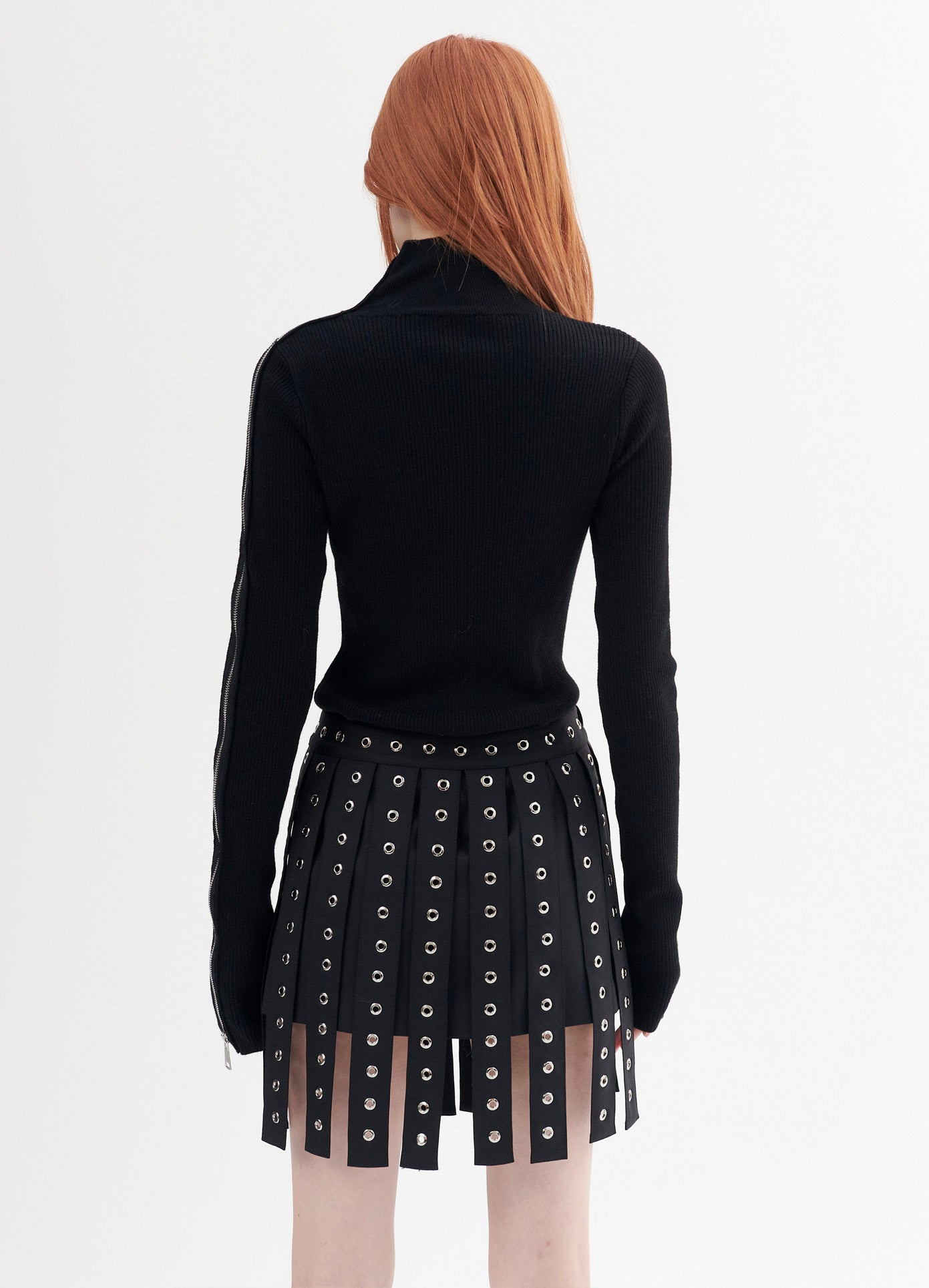 MONSE Zipper Detail Turtleneck Sweater in Black on Model Back View