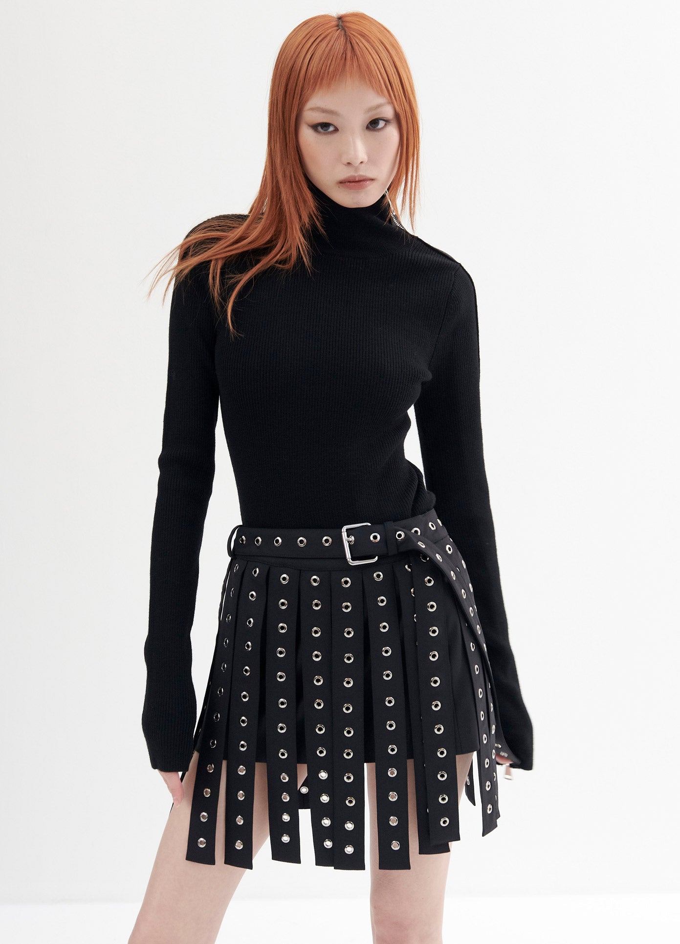 MONSE Zipper Detail Turtleneck Sweater in Black on Model Front View