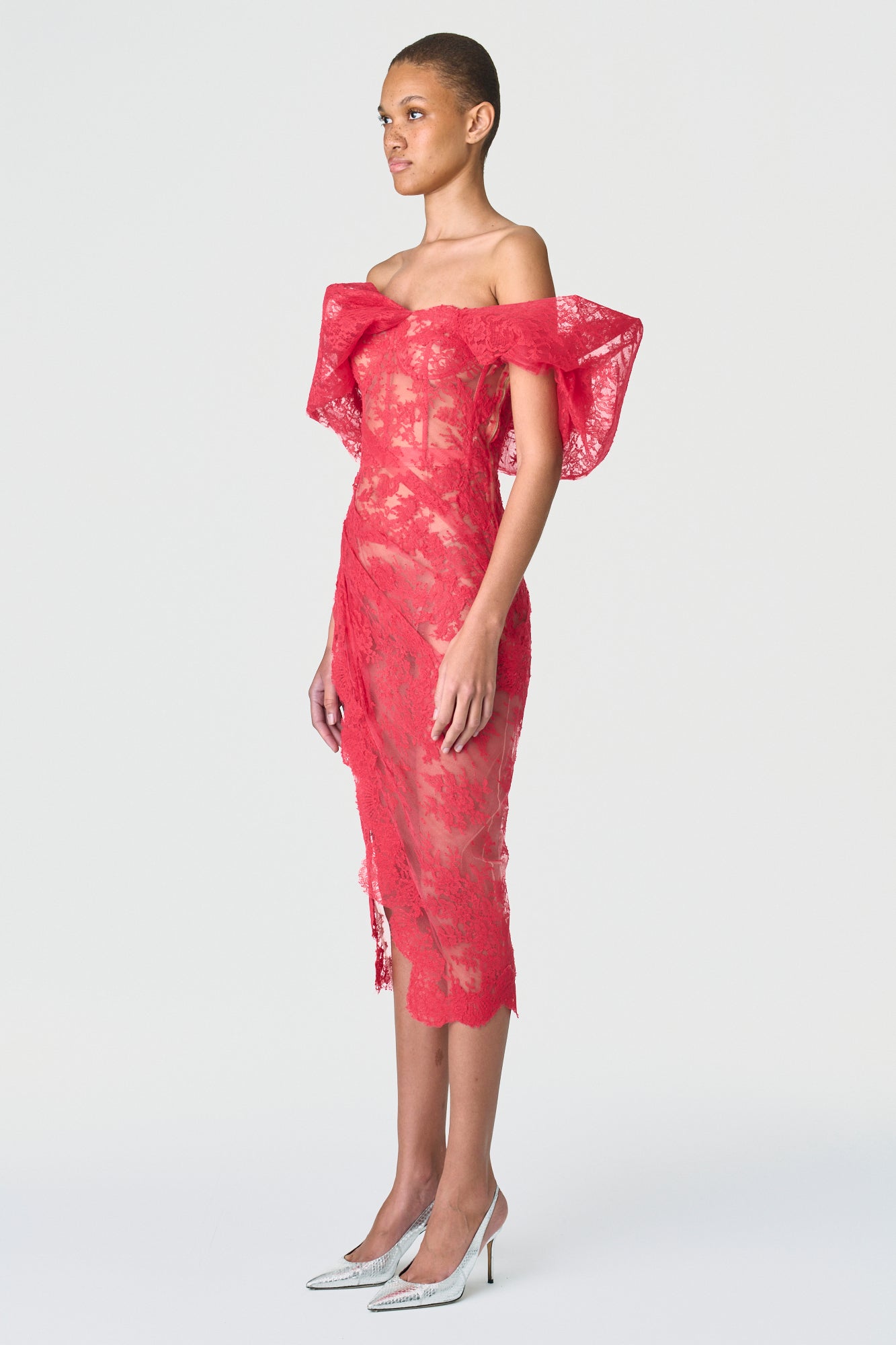 Off Shoulder Puff Lace Midi Dress
