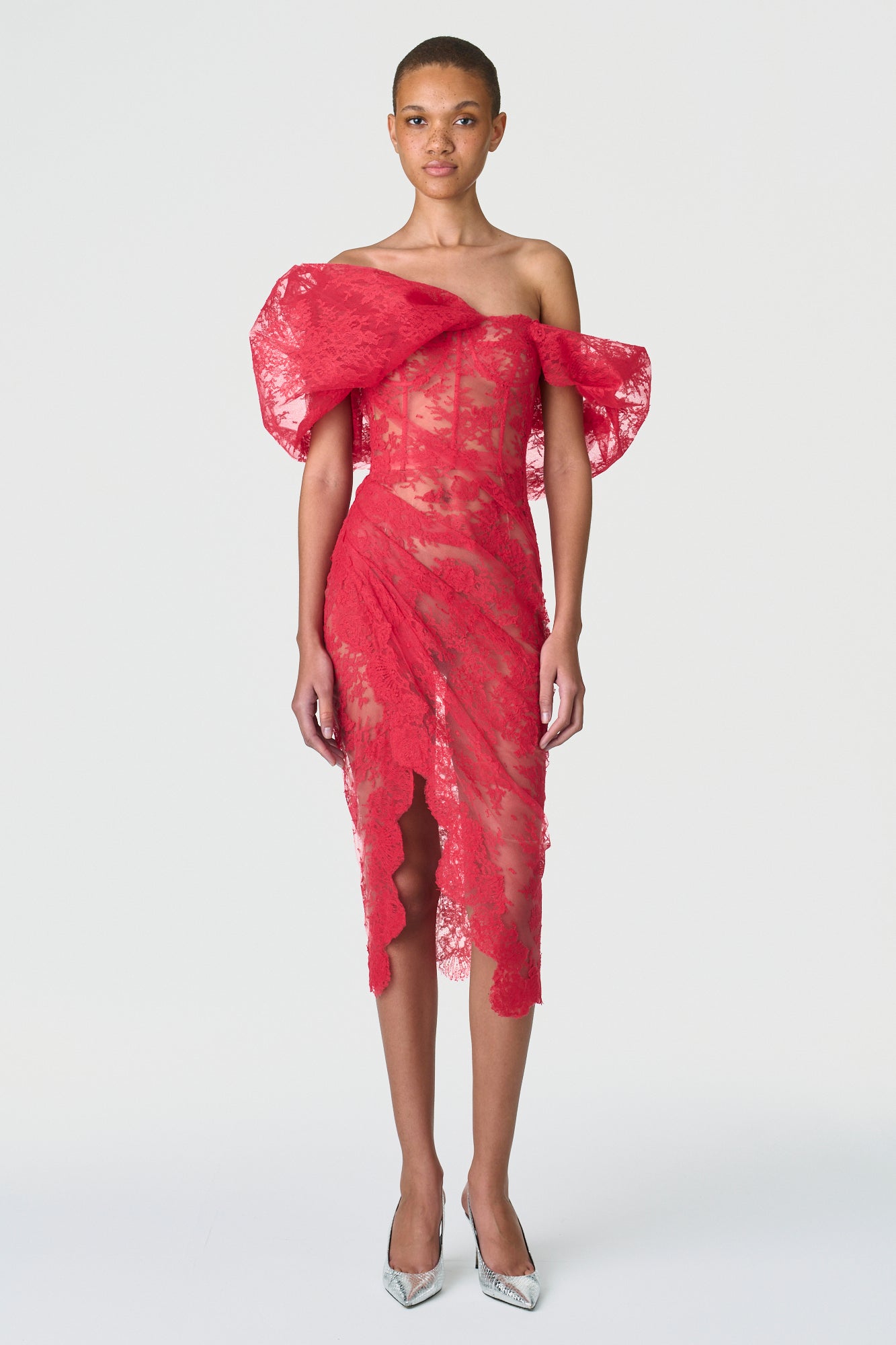 Off Shoulder Puff Lace Midi Dress