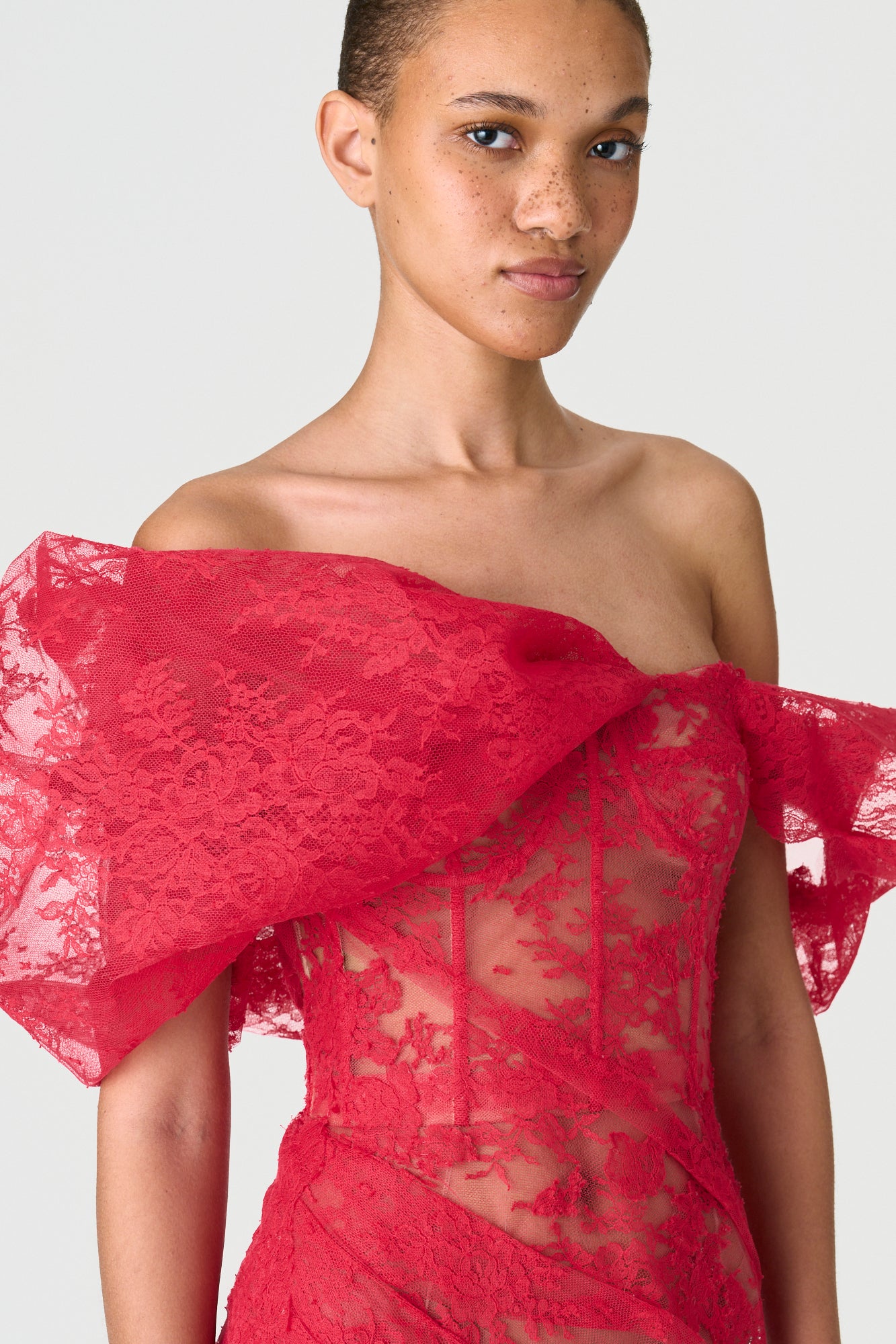 Off Shoulder Puff Lace Midi Dress