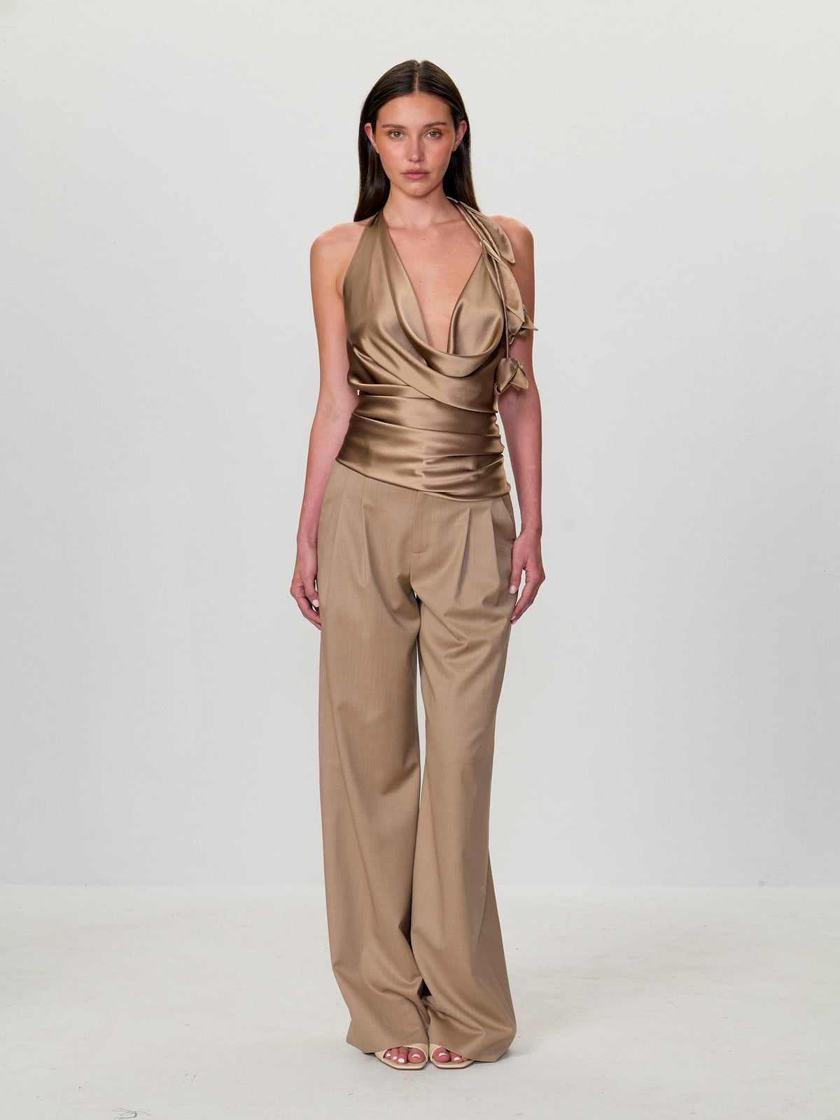 Asymmetrical Cowl Drape Halter Top