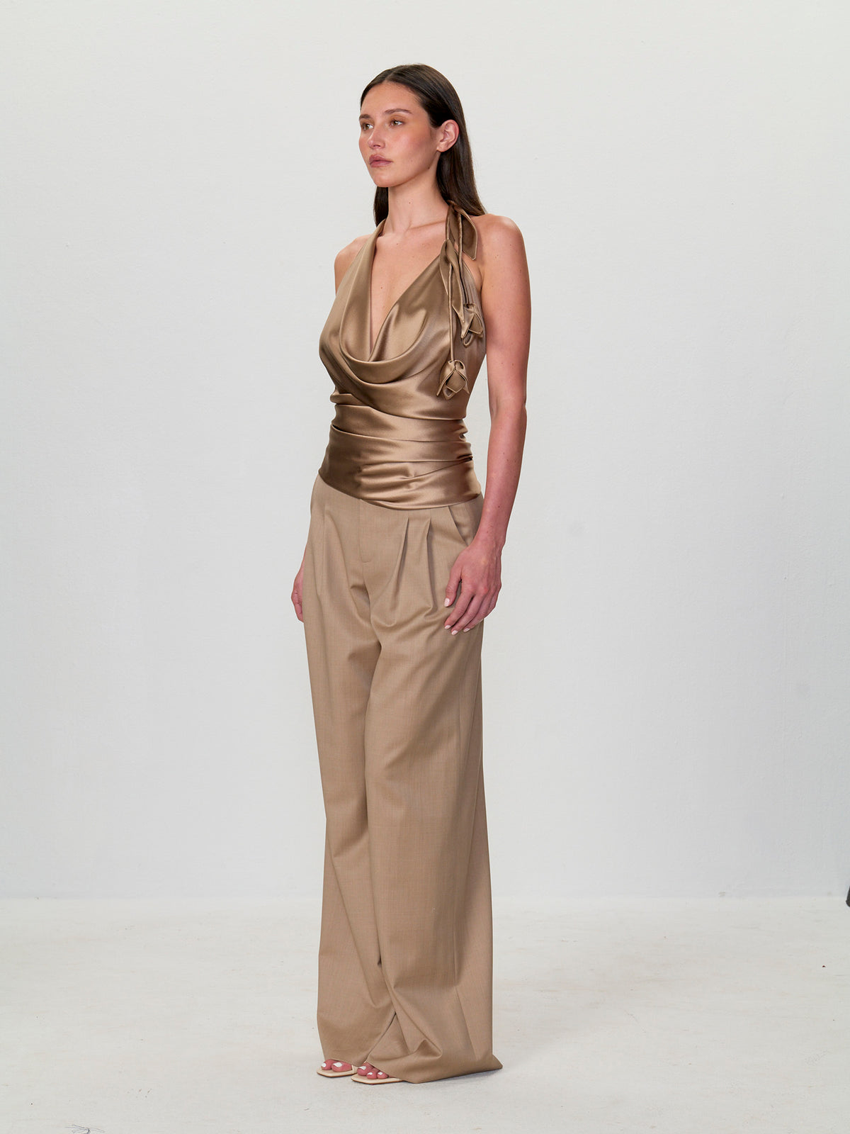 Asymmetrical Cowl Drape Halter Top