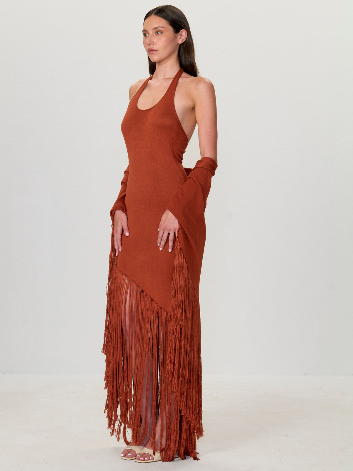 Asymmetrical Halter Fringe Dress