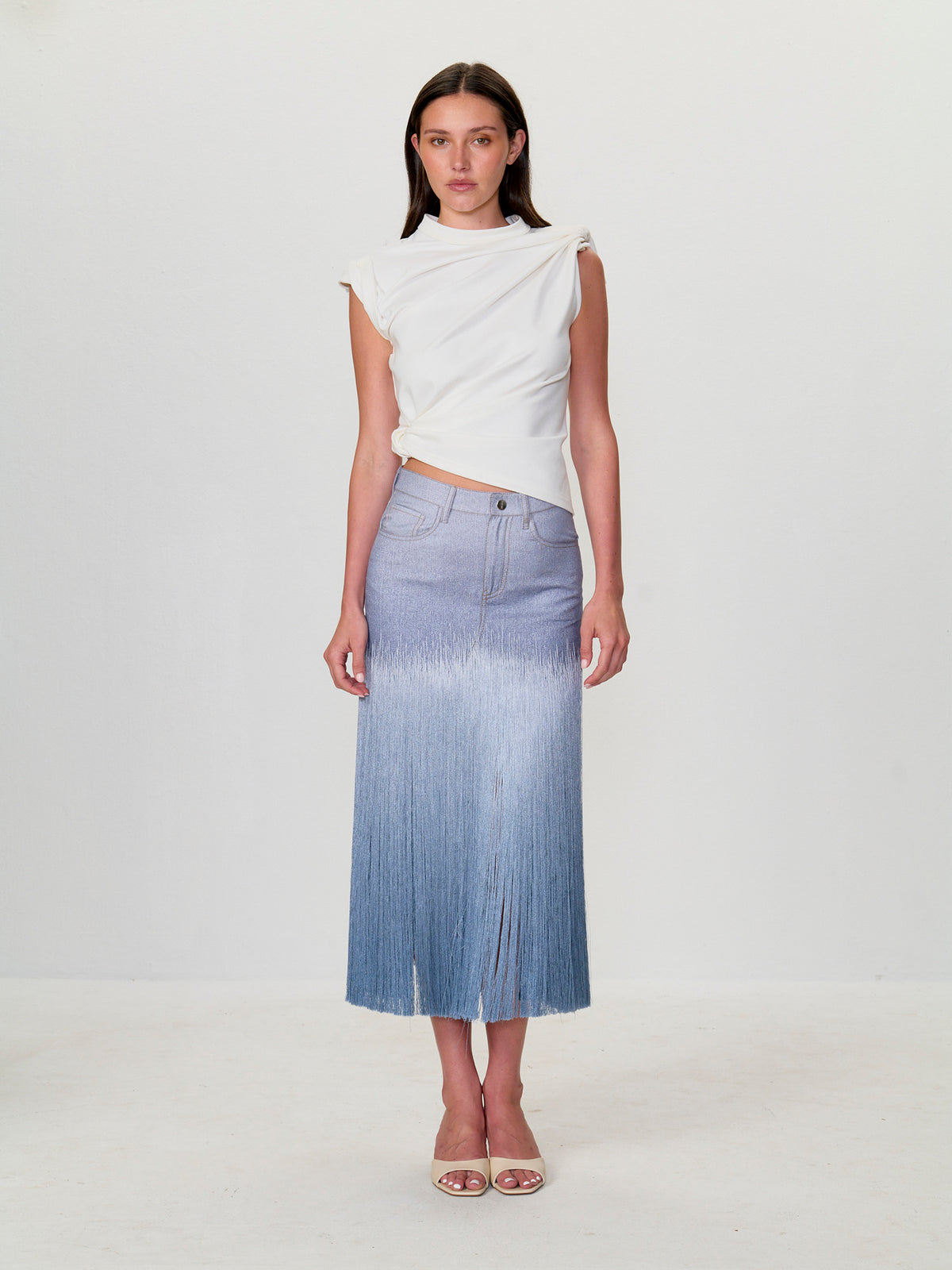 Fringe Denim Printed Skirt