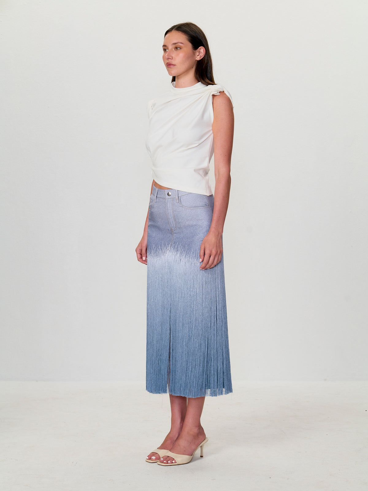 Fringe Denim Printed Skirt