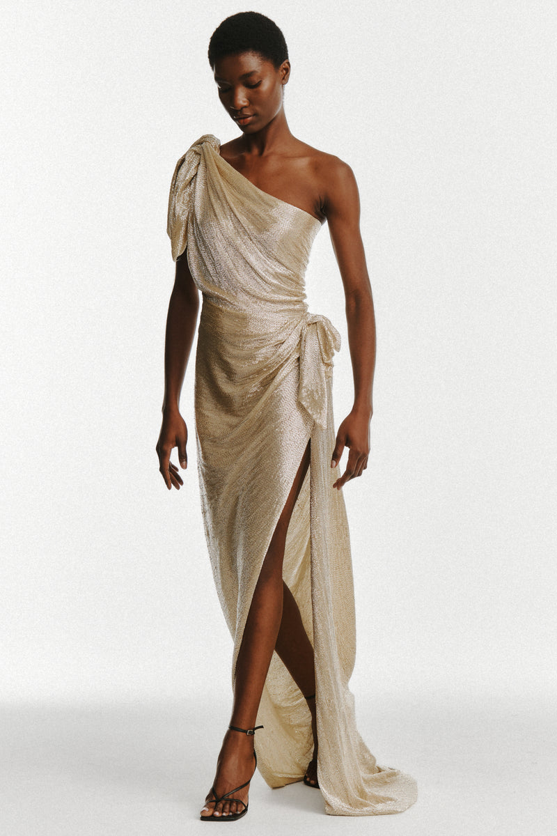 Off Shoulder Bugle Beads Gown