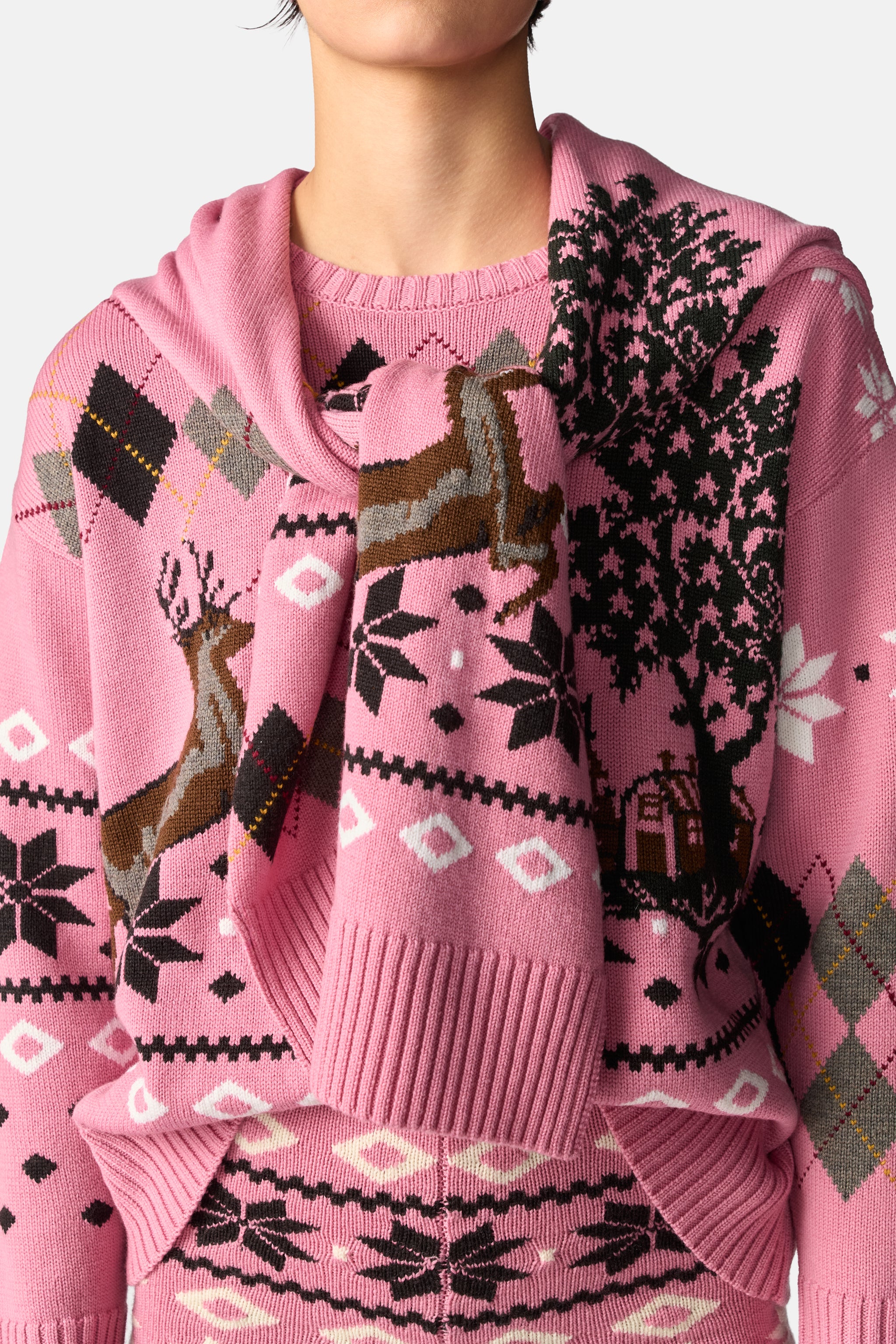 Mixed Fair Isle Crew Neck With Scarf