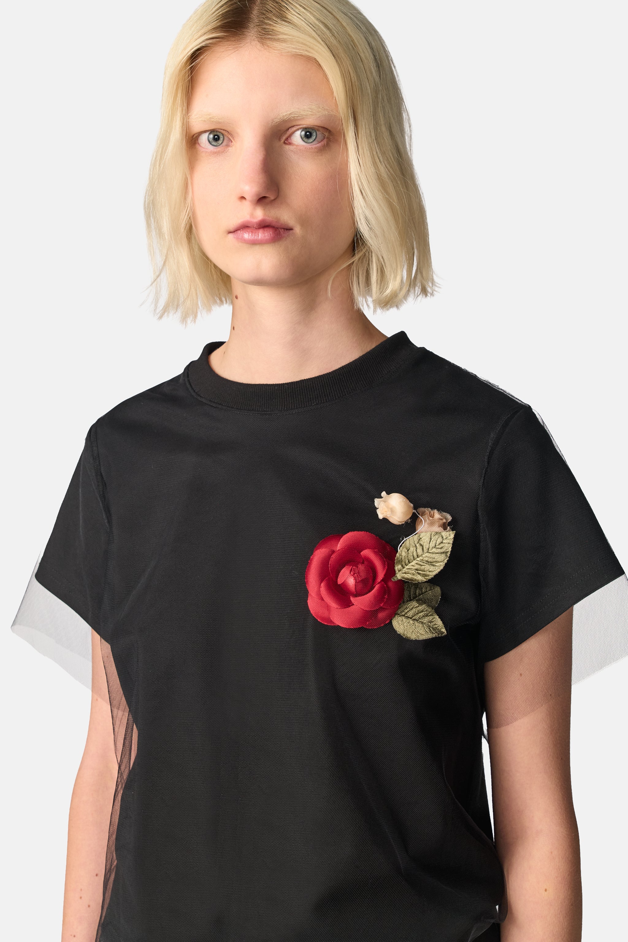 Black Tulle Overlay Floral T-Shirt