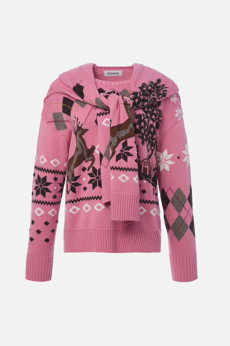 Mixed Fair Isle Crew Neck With Scarf