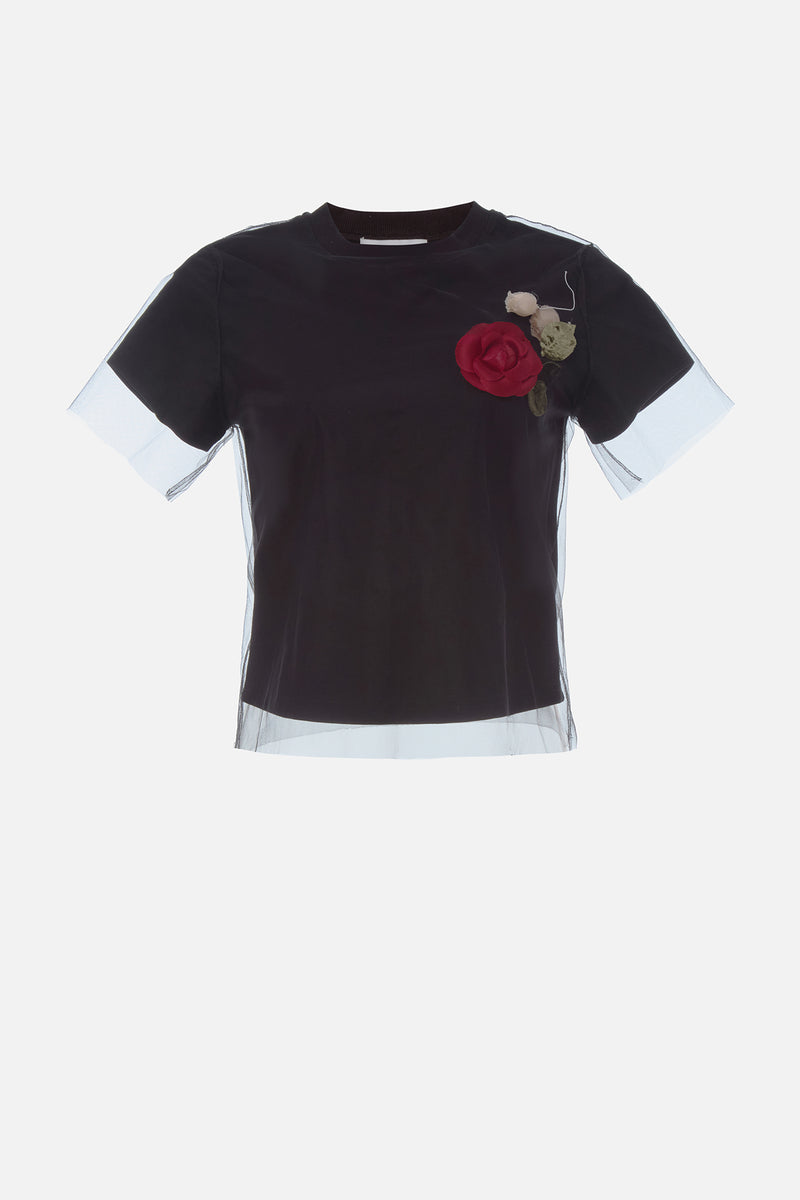 Black Tulle Overlay Floral T-Shirt