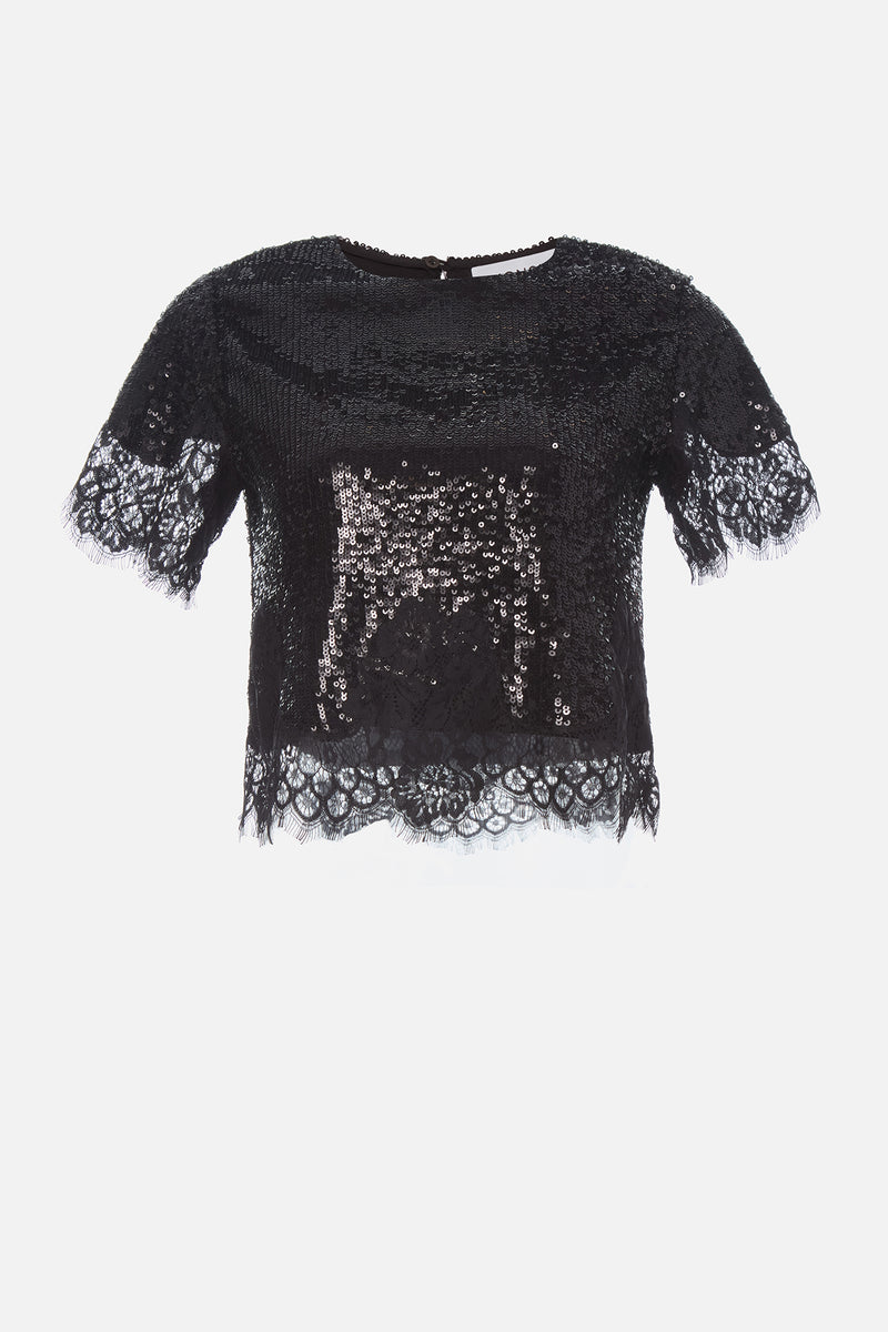 Sequin Lace Hem Cropped Top