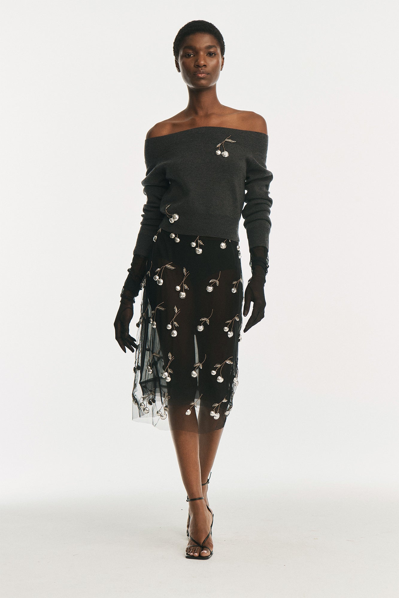 Mesh Cherry Embroidered Skirt