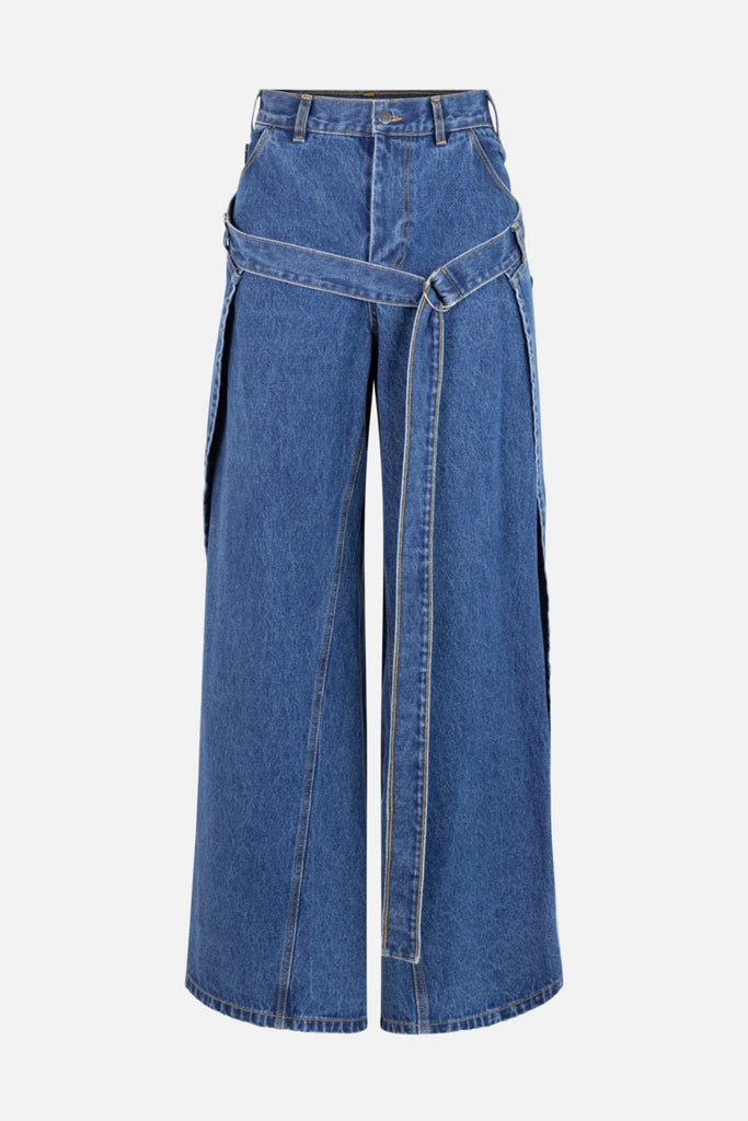 Deconstructed Wrap Denim Jeans in Indigo Denim With Wrap Belt