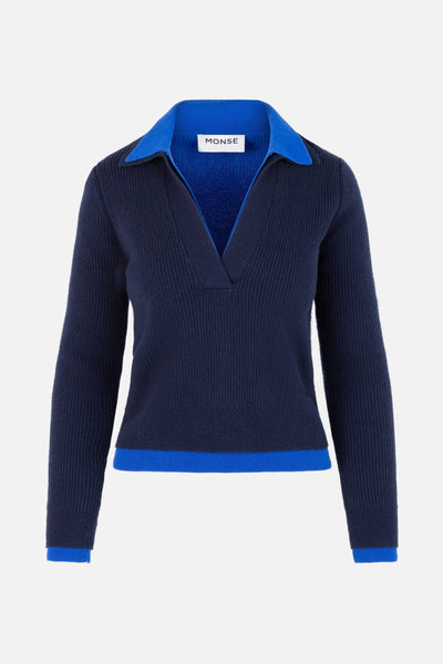 Doubled Half Front Placket Knit Pullover in Dark Sapphire – MONSE