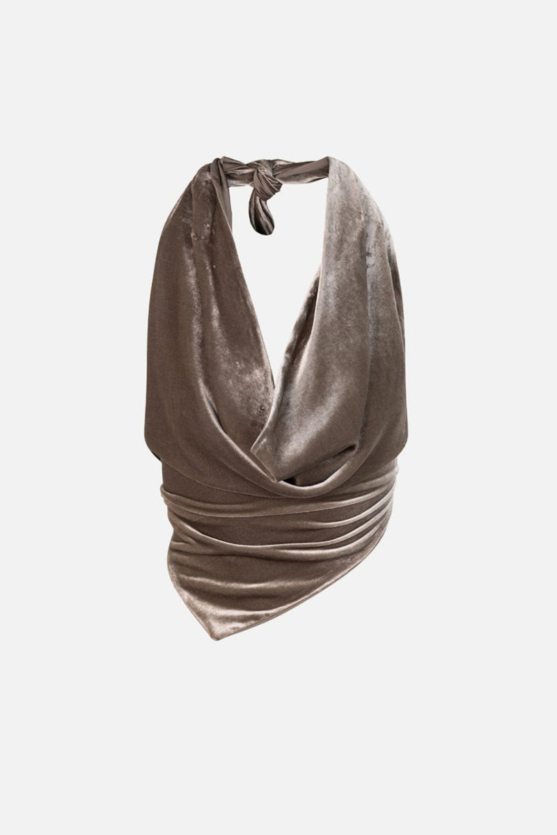 Velvet Draped Halter Top With Leather Strap
