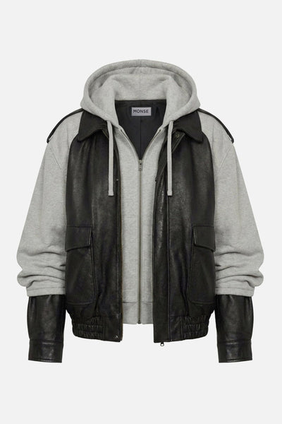 Hybrid Bomber Jacket in Black and Grey Leather and Cotton – MONSE