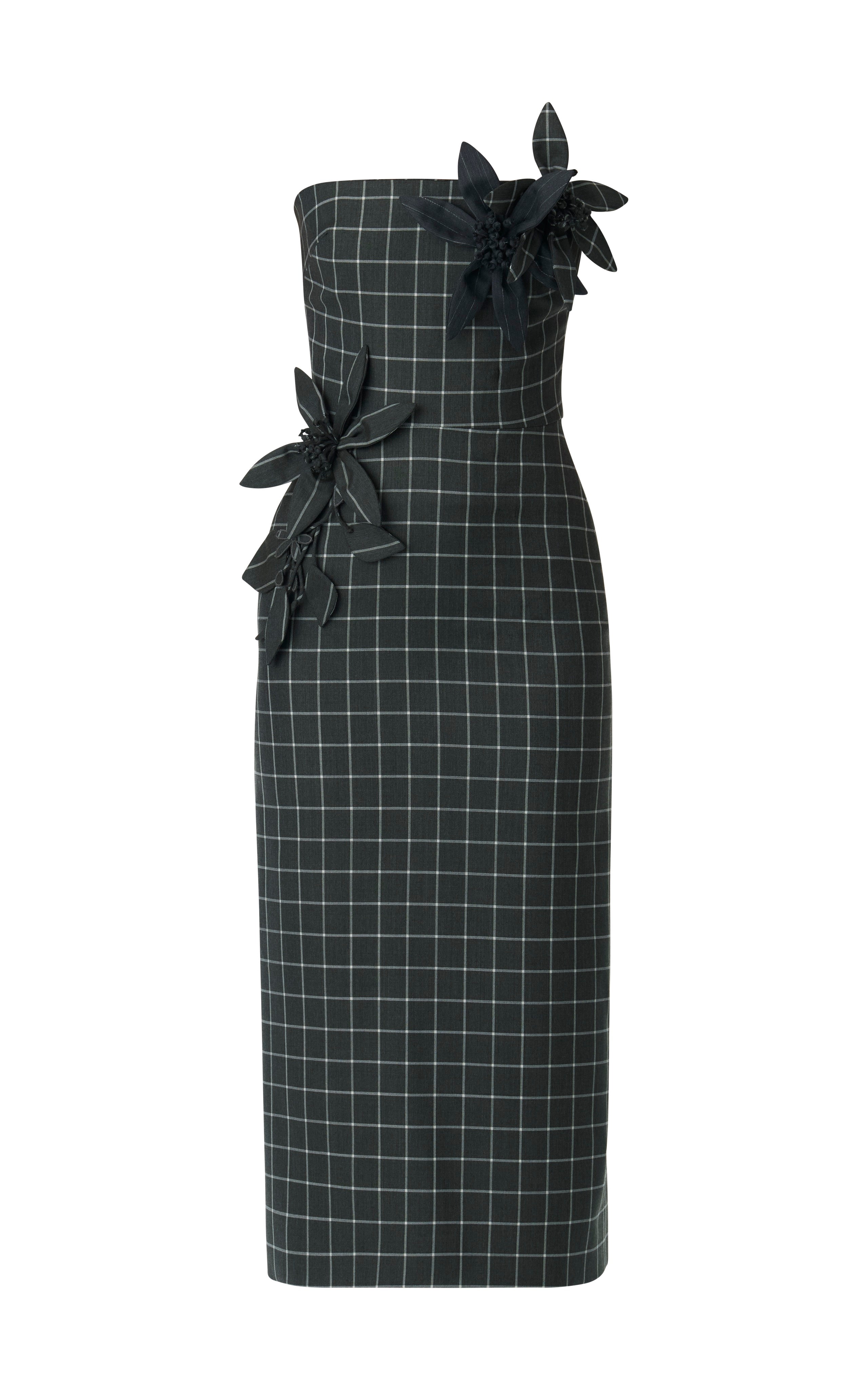 Strapless Check Midi Dress With Flowers