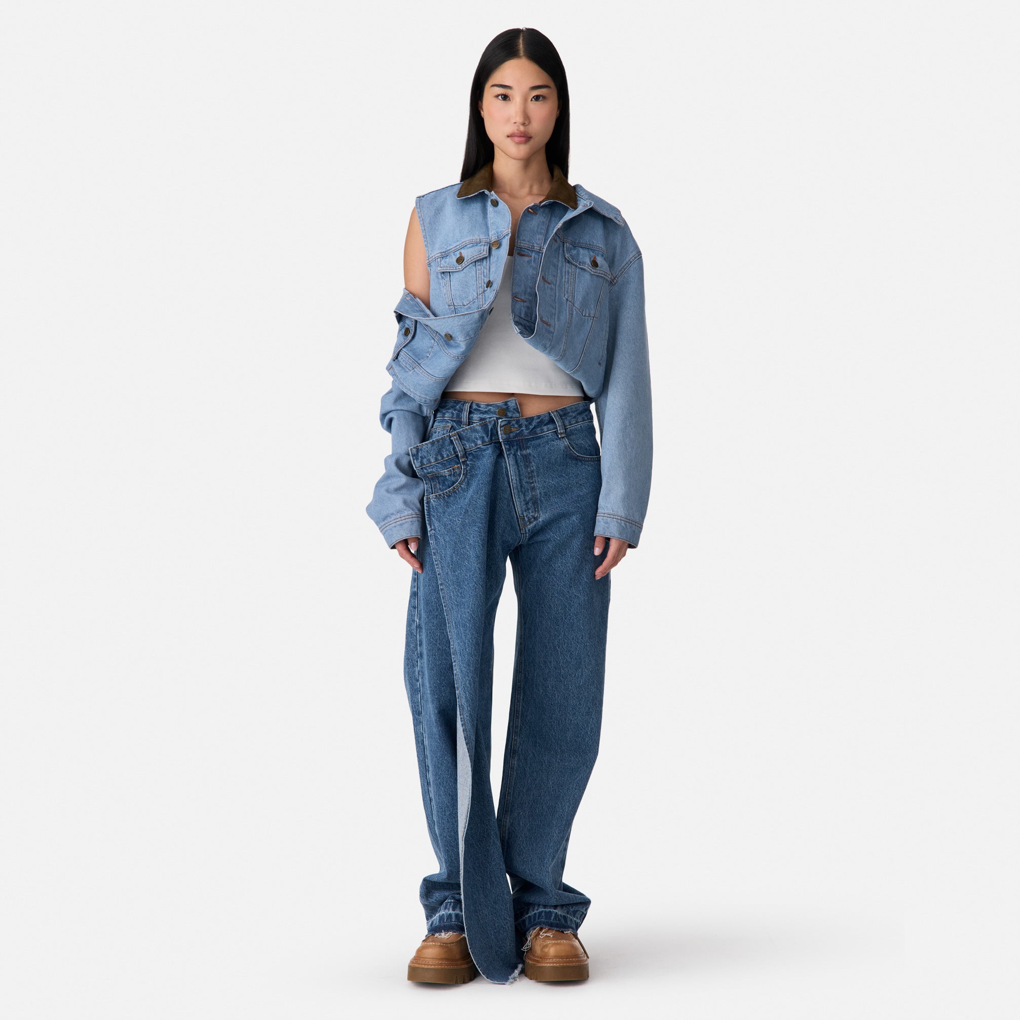 Cross-Over Cascade Denim Pants