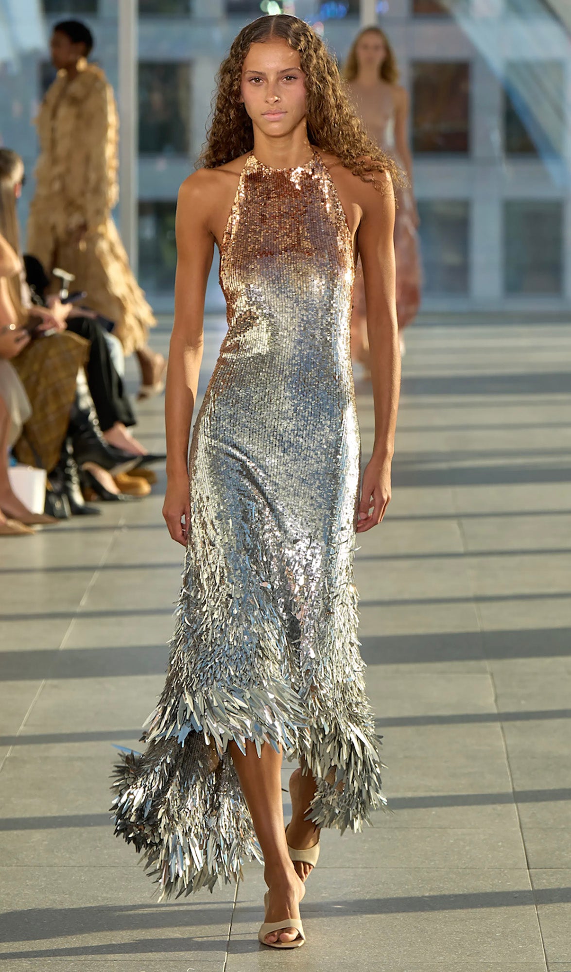 Ombre Sequin Halter Handkerchief Gown