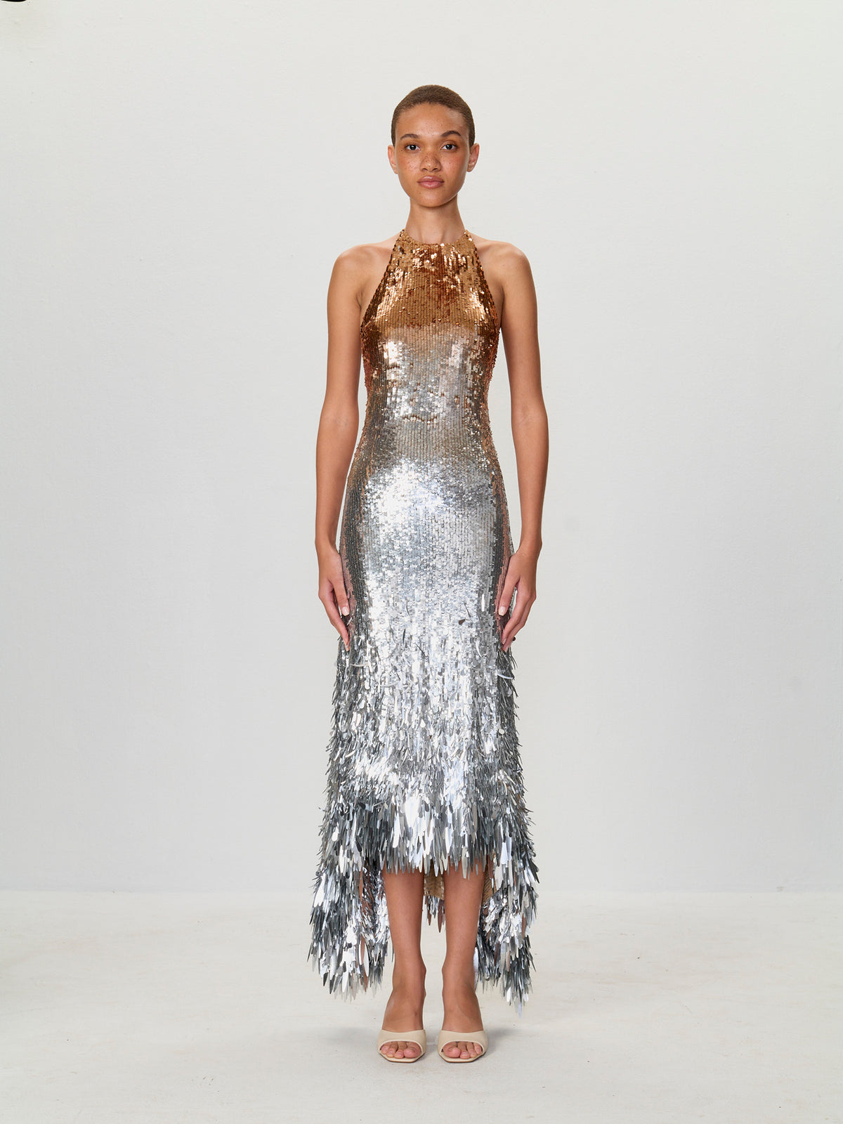 Ombre Sequin Halter Handkerchief Gown