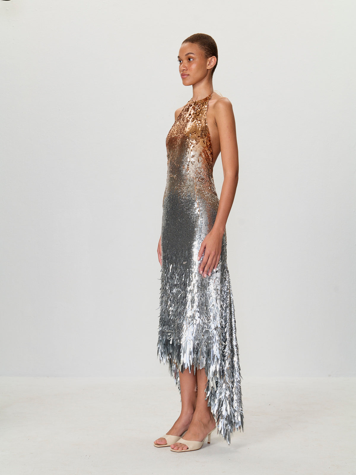 Ombre Sequin Halter Handkerchief Gown